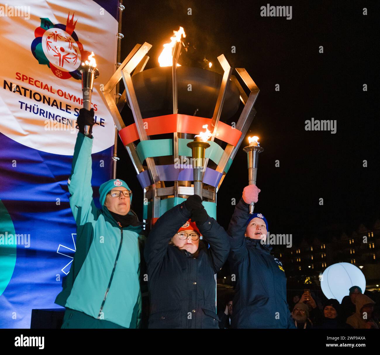 Oberhof, Germany. 29th Jan, 2024. Torchbearers light the Olympic flame