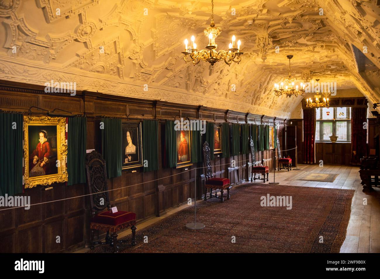 UK, England Kent, Hever, Hever Castle, portraits in Long Gallery Stock Photo