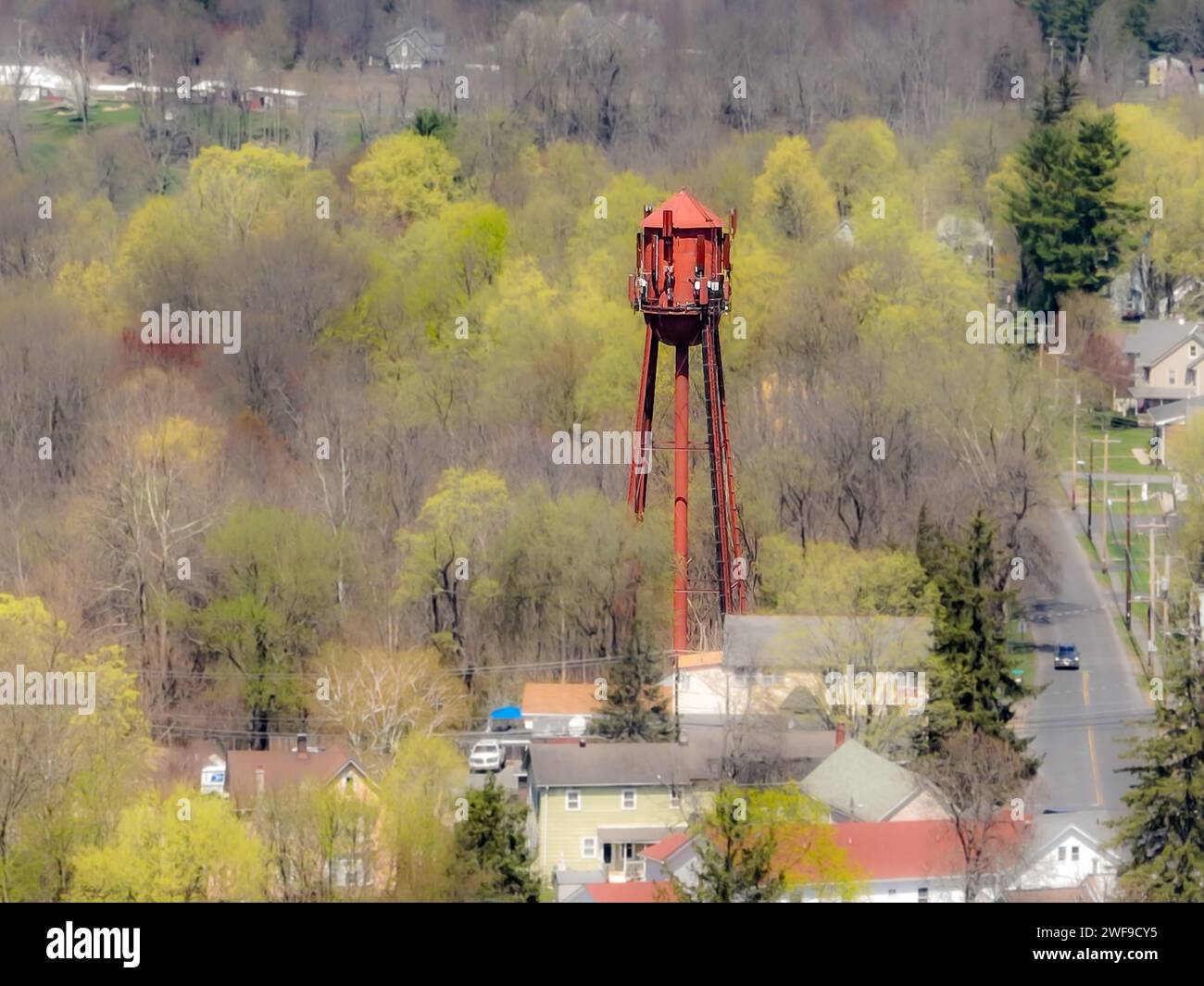 Spring afternoon aerial photo of the water tower located in the hamlet