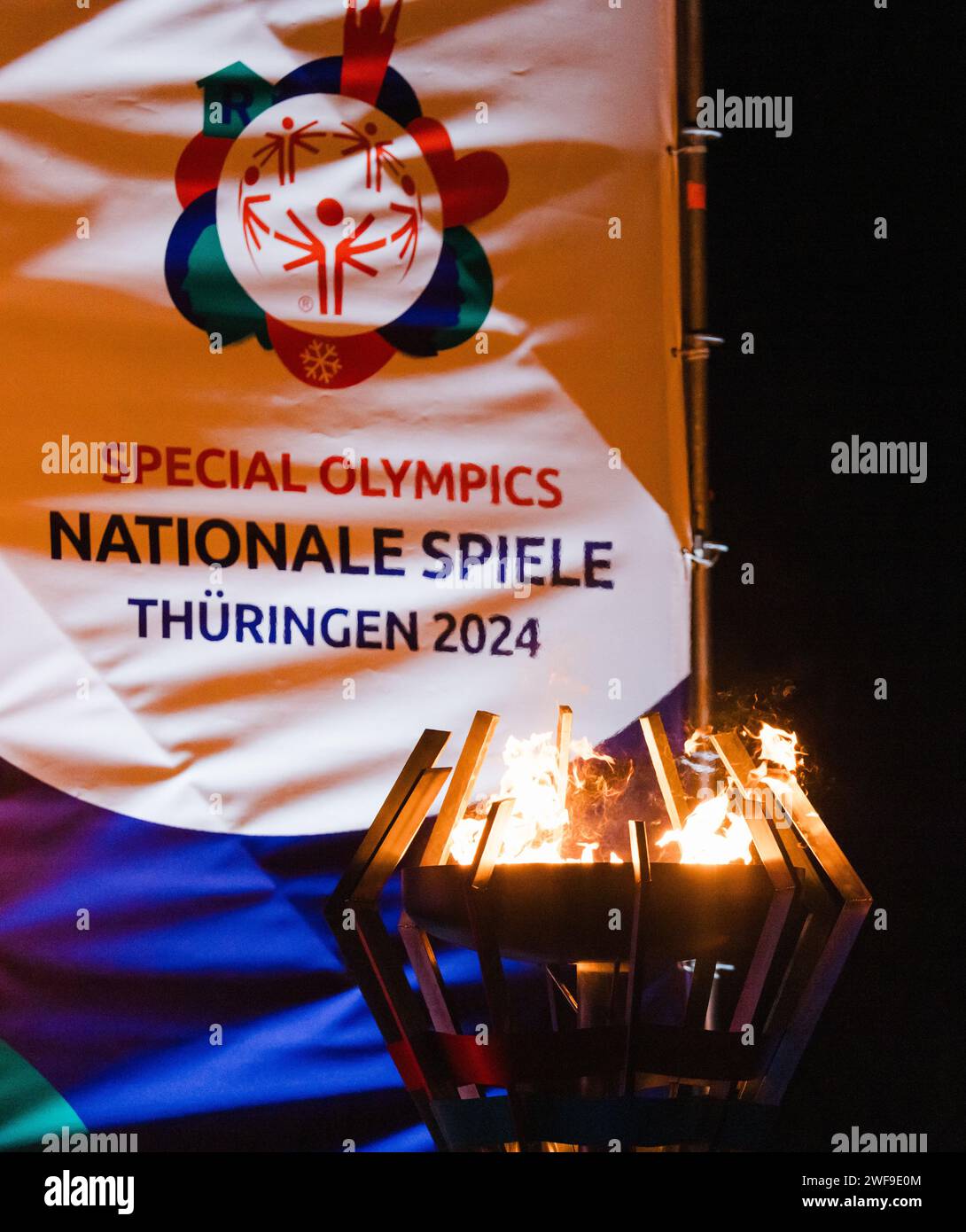 Oberhof, Germany. 29th Jan, 2024. The Olympic flame lights up at the