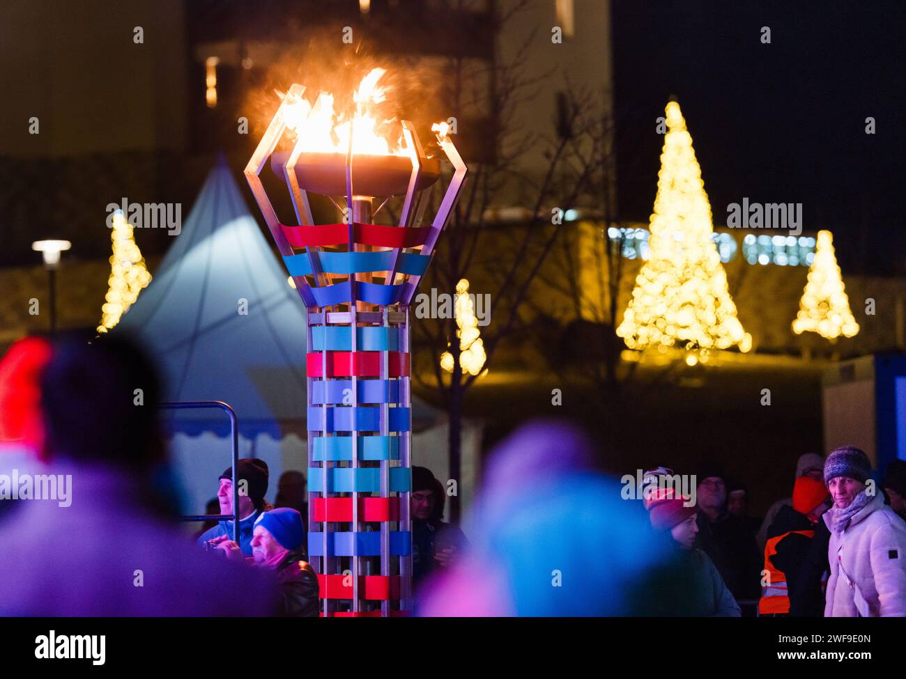29 January 2024, Thuringia, Oberhof The Olympic flame lights up at the