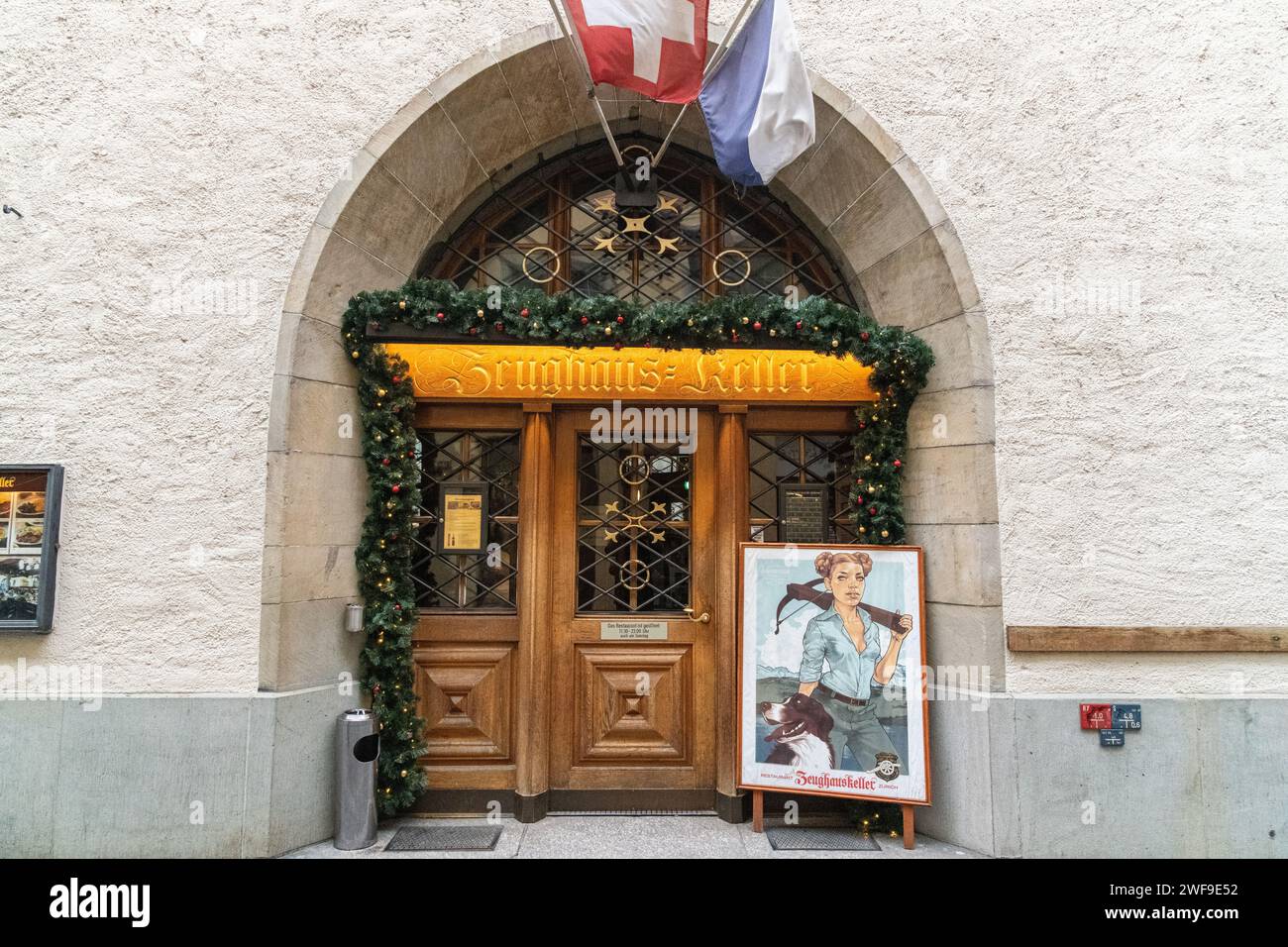 An entrance into the traditional Swiss Zeughauskeller Restaurant in Zurich, Switzerland Stock Photo