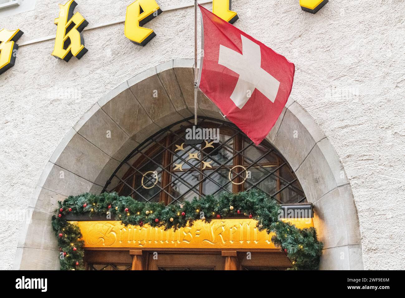 An entrance into the traditional Swiss Zeughauskeller Restaurant in Zurich, Switzerland Stock Photo