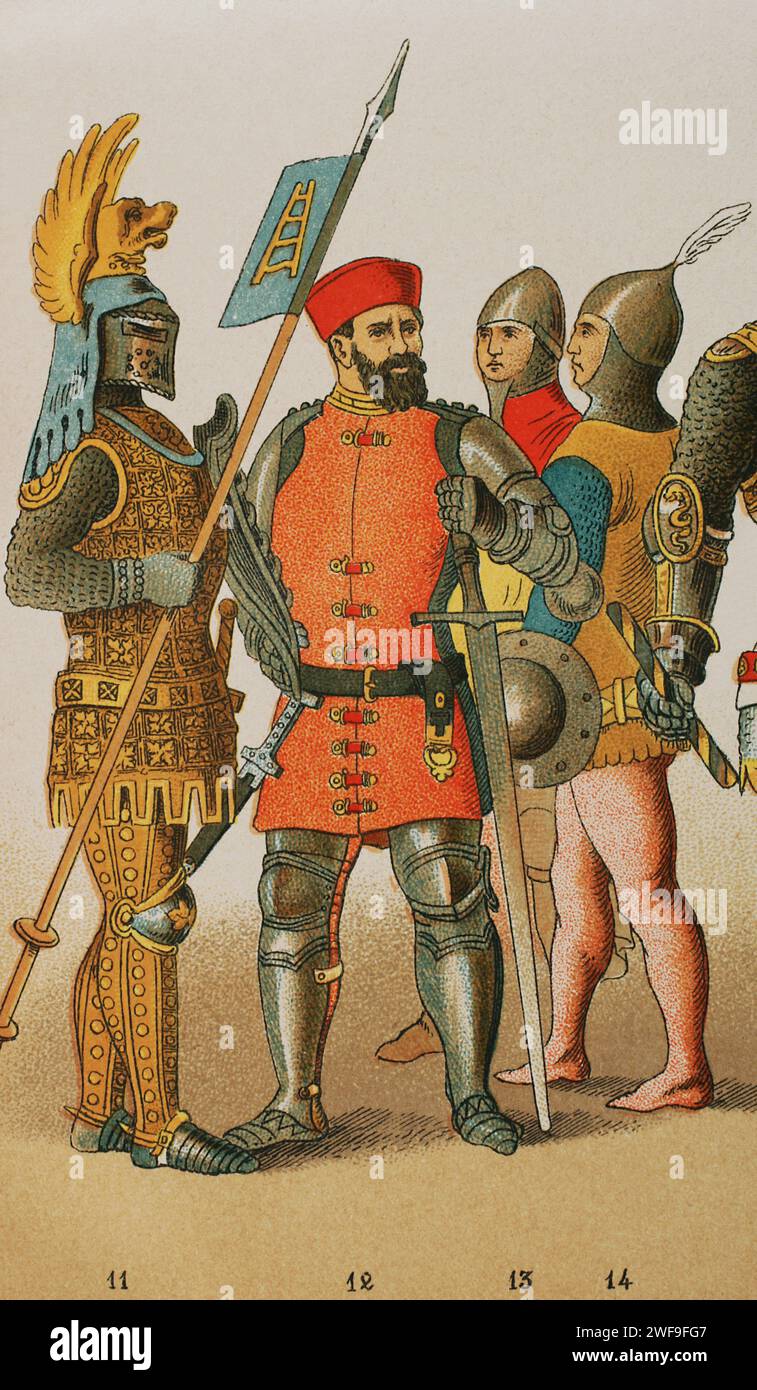History of Italy. 1300. From left to right, 11-12-13: warriors, 14: soldier. Chromolithography. 'Historia Universal', by César Cantú. Volume VI, 1885. Stock Photo