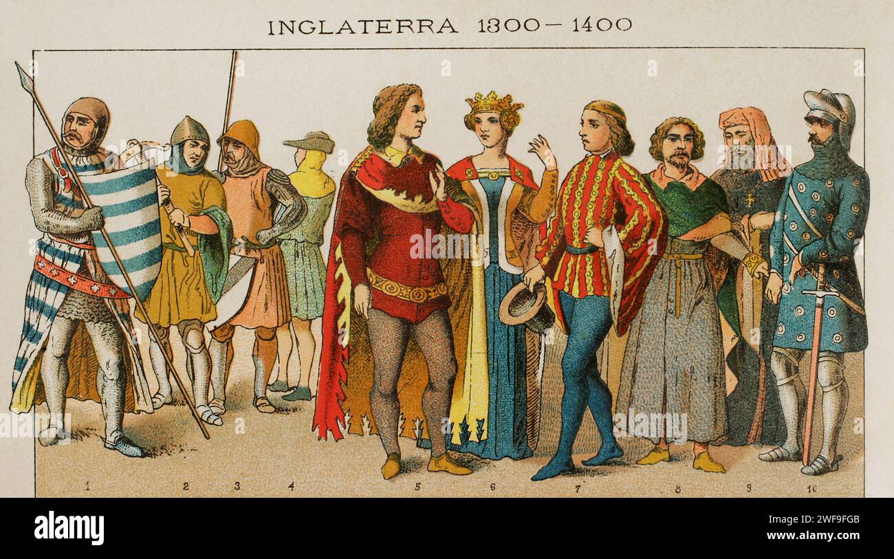 History of England. 1300-1400. From left to right, 1: warrior, 2: crossbowman, 1376. 3: warrior, 4: ordinary people dress, 5-6: court dresses, 7: knight, 8: citizen (ordinary people), 9: lord, 10: knight, 1377. Chromolithography. 'Historia Universal', by César Cantú. Volume VI, 1885. Stock Photo