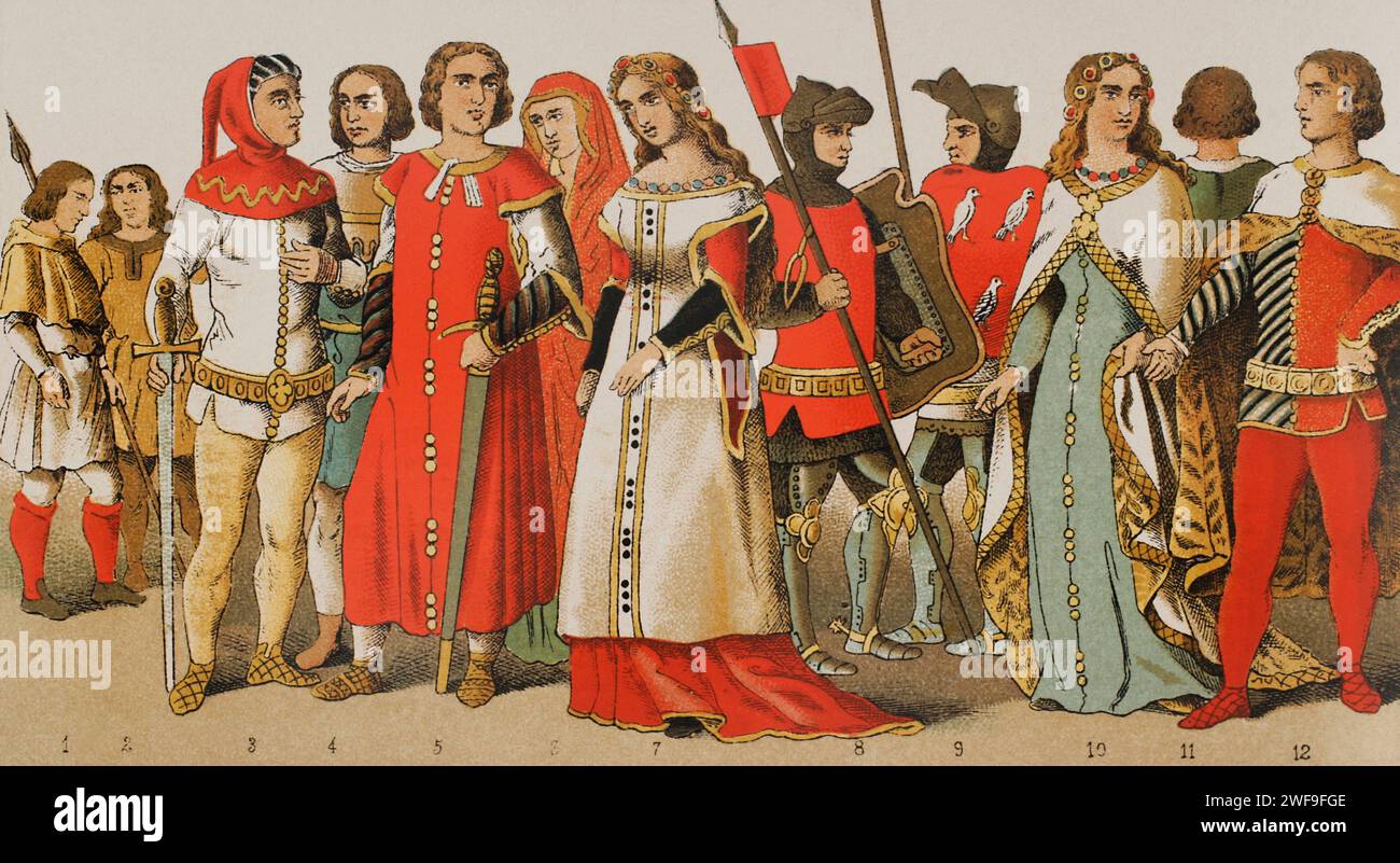 History of Spain. 1300. From left to right, 1-2: hunters, 3-4-5: noblemen, 6-7: noble ladies, 8-9: warriors, 10: noble lady, 11-12: noblemen. Chromolithography. 'Historia Universal', by César Cantú. Volume VI, 1885. Stock Photo