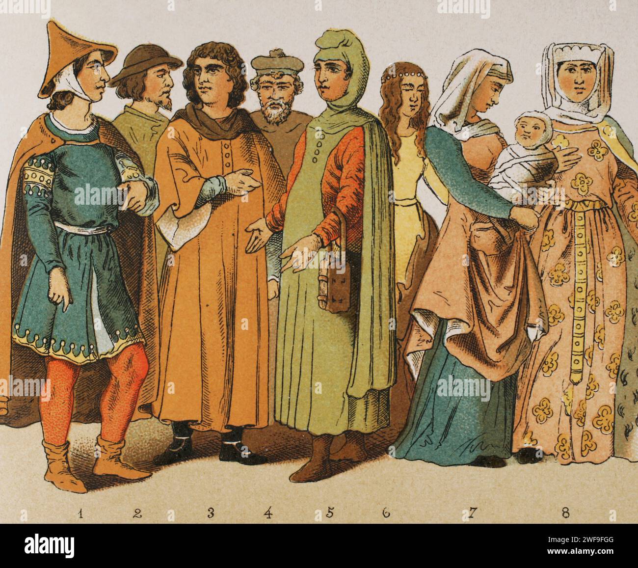 History of France. 1200. From left to right, 1-2-3-4-5-6-7: ordinary people dresses, 8: princess. Chromolithography. Detail. 'Historia Universal', by César Cantú. Volume VI, 1885. Stock Photo