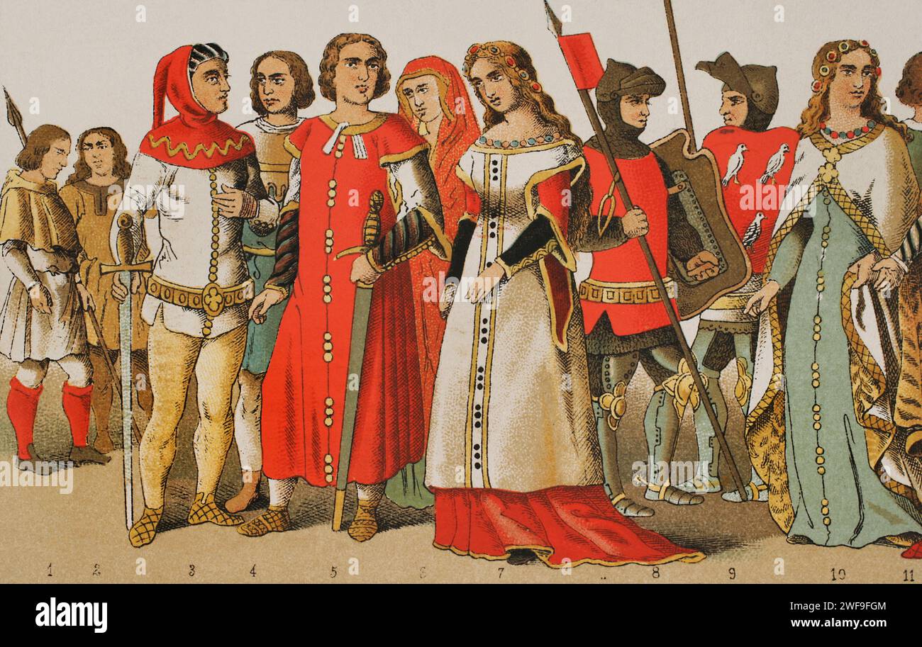 History of Spain. 1300. From left to right, 1-2: hunters, 3-4-5: noblemen, 6-7: noble ladies, 8-9: warriors, 10: noble lady. Chromolithography. 'Historia Universal', by César Cantú. Volume VI, 1885. Stock Photo