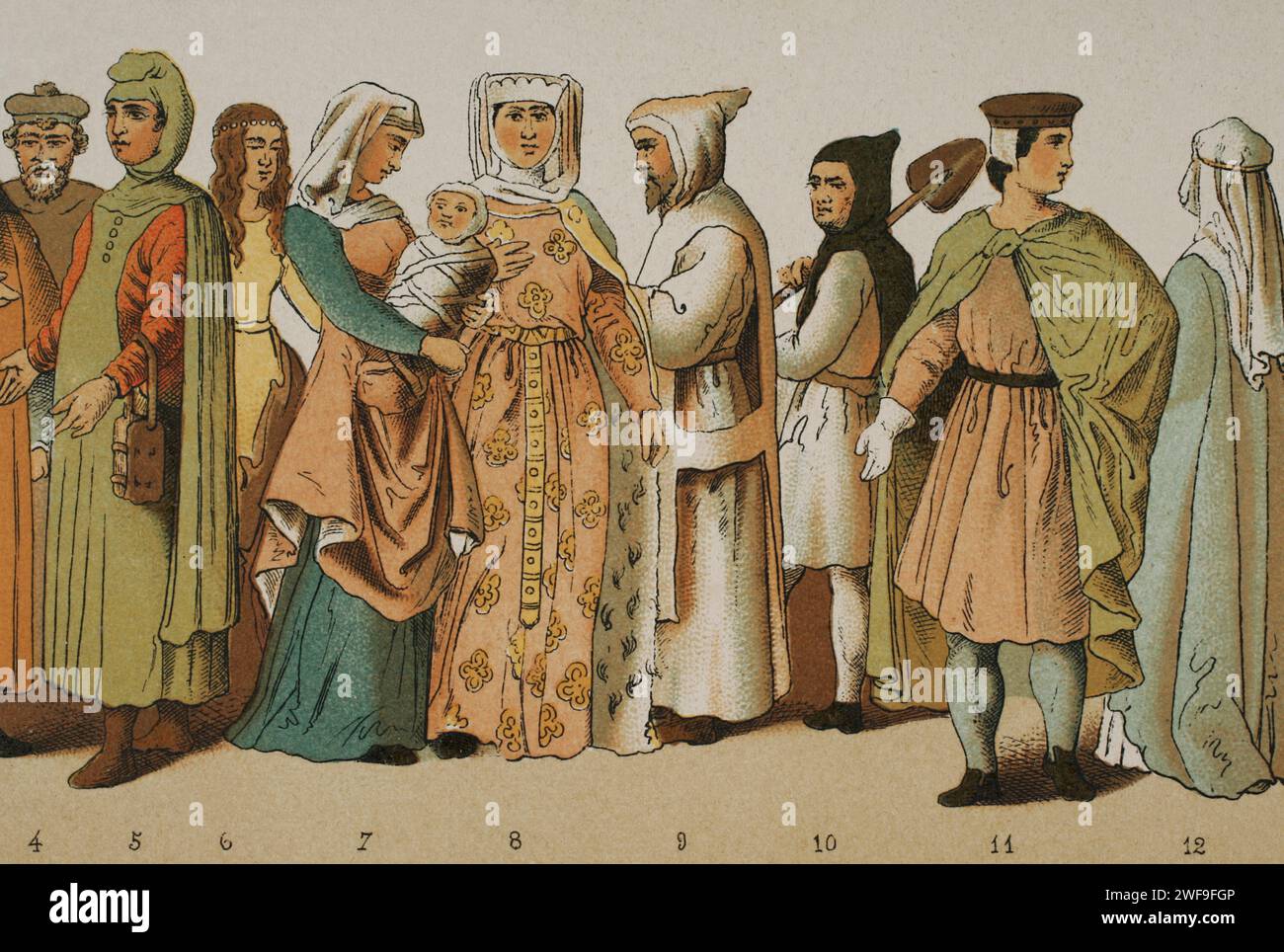 History of France. 1200. From left to right, 4-5-6-7: ordinary people dresses, 8: princess, 9: Carthusian, 10: Trappist friar, 11: nobleman, 12: noblewoman. Chromolithography. Detail. 'Historia Universal', by César Cantú. Volume VI, 1885. Stock Photo