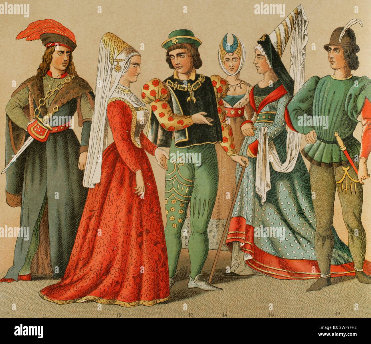 History of France. 1400. Ladies and gentlemen of the nobility. Chromolithography. 'Historia Universal', by César Cantú. Volume VI, 1885. Stock Photo