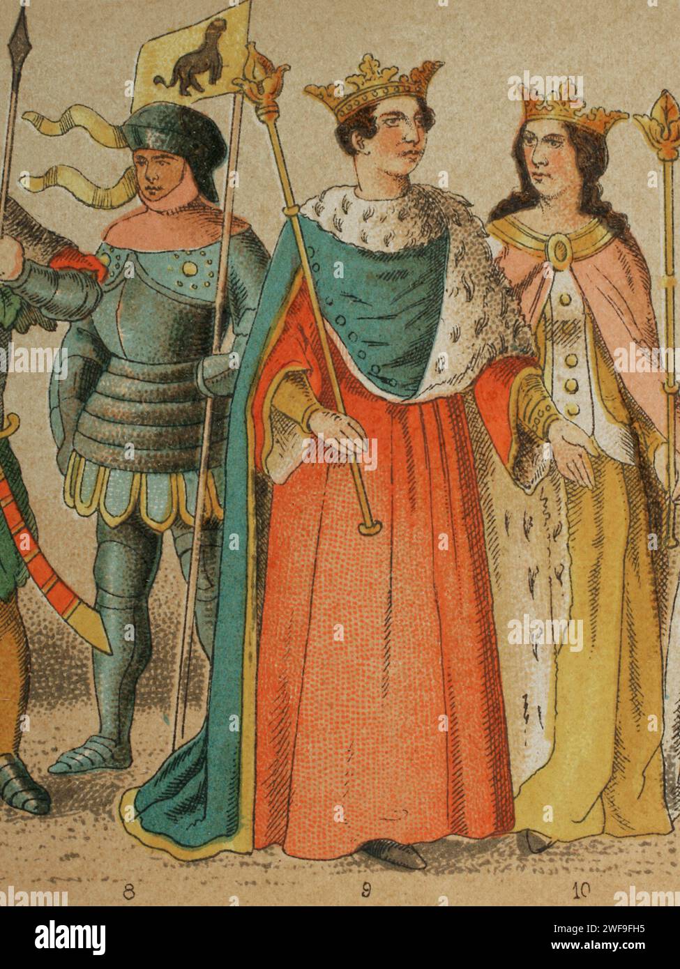 History of England. 1400-1450. From left to right, 8: knight, 9: King Henry VI of England (1421-1471), 10: Margaret of Anjou (1430-1482), wife of King Henry VI. Chromolithography. 'Historia Universal', by César Cantú. Volume VI, 1885. Stock Photo