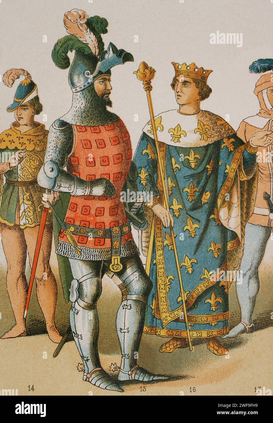 History of France. 1300. From left to right, 14: knight, 15: warrior, 16: king. Chromolithography. 'Historia Universal', by César Cantú. Volume VI, 1885. Stock Photo