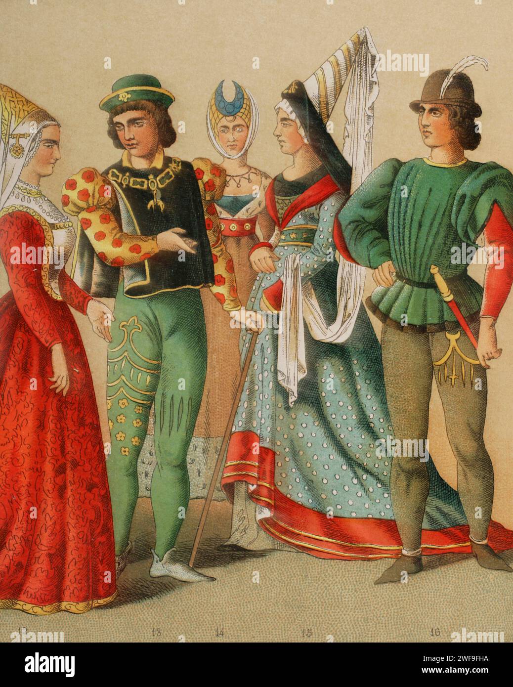 History of France. 1400. Ladies and gentlemen of the nobility. Chromolithography. 'Historia Universal', by César Cantú. Volume VI, 1885. Stock Photo