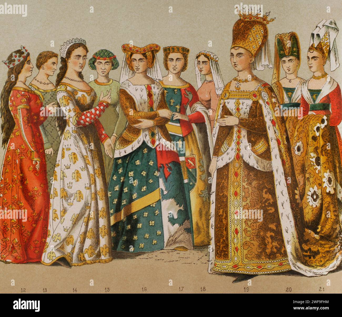 History of France. 1300. From left to right, 12: queen, 13-14-15-16: lady, 17: princess, 18: lady, 19-20-21: Isabella of Bavaria (wife of King Charles VI) and ladies of her retinue. Chromolithography. 'Historia Universal', by César Cantú. Volume VI, 1885. Stock Photo