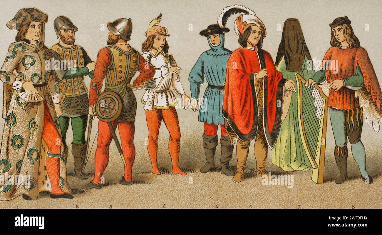 History of England. 1450-1500. From left to right, 1: Knight of the Order of the Garter, 2-3: warriors, 4-5: servants, 6: citizen, 7: bourgeois dress, 8: minstrel. Chromolithography. 'Historia Universal', by César Cantú. Volume VI, 1885. Stock Photo