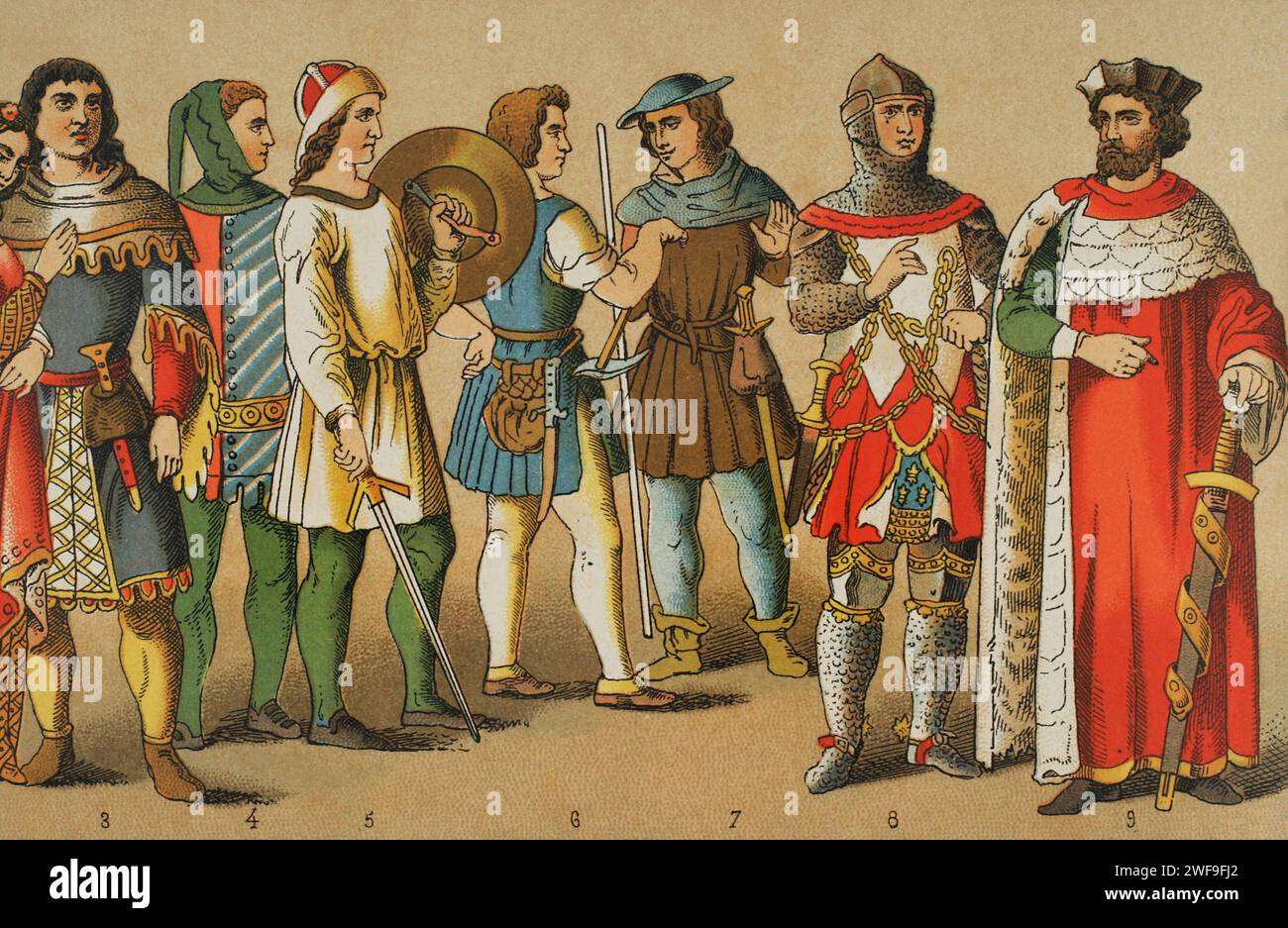 History of Germany. 1300-1350. From left to right, 3-4: noblemen, 5: armed citizen, 6-7: menestrals, 8: knight, 9: Landgrave of Thuringia. Chromolithography. 'Historia Universal', by César Cantú. Volume VI, 1885. Stock Photo