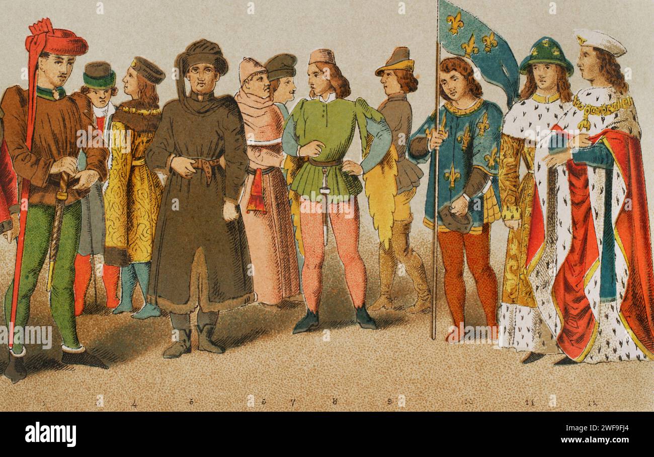History of France. 1400. From left to right, 2: Charles VII of France (1403-1461), 3: citizen, 4-5: noblemen, 6: professor, 7: citizen, 8: page, 9: citizen, 10: herald, 11-12: princes. Chromolithography. 'Historia Universal', by César Cantú. Volume VI, 1885. Stock Photo
