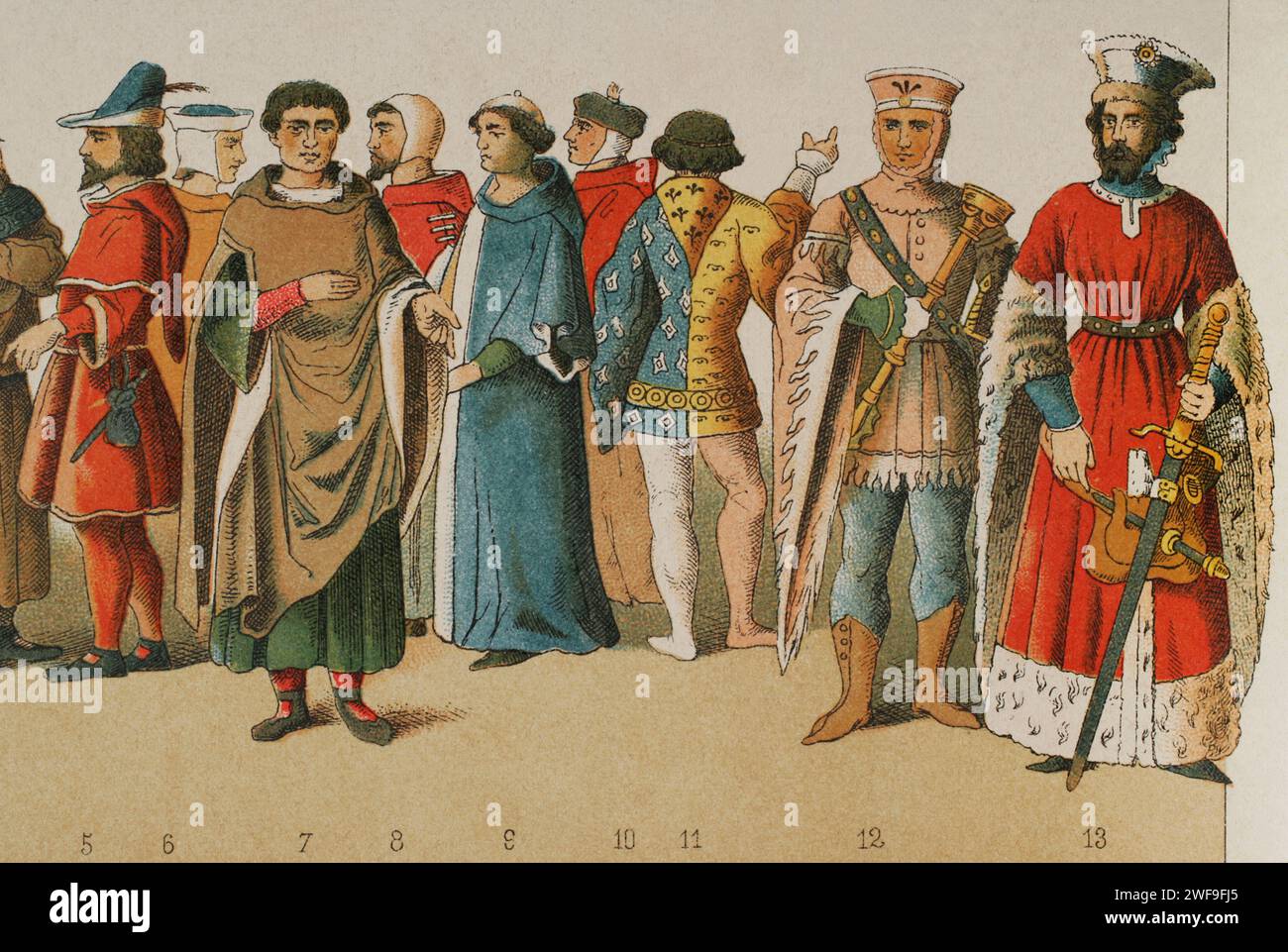 History of France. 1300. From left to right, 5-6-7: citizens, 8-9-10: citizens and nobleman, 11: knight, 12: sergeant-at-arms, 13: Archduke of Burgundy. Chromolithography. 'Historia Universal', by César Cantú. Volume VI, 1885. Stock Photo
