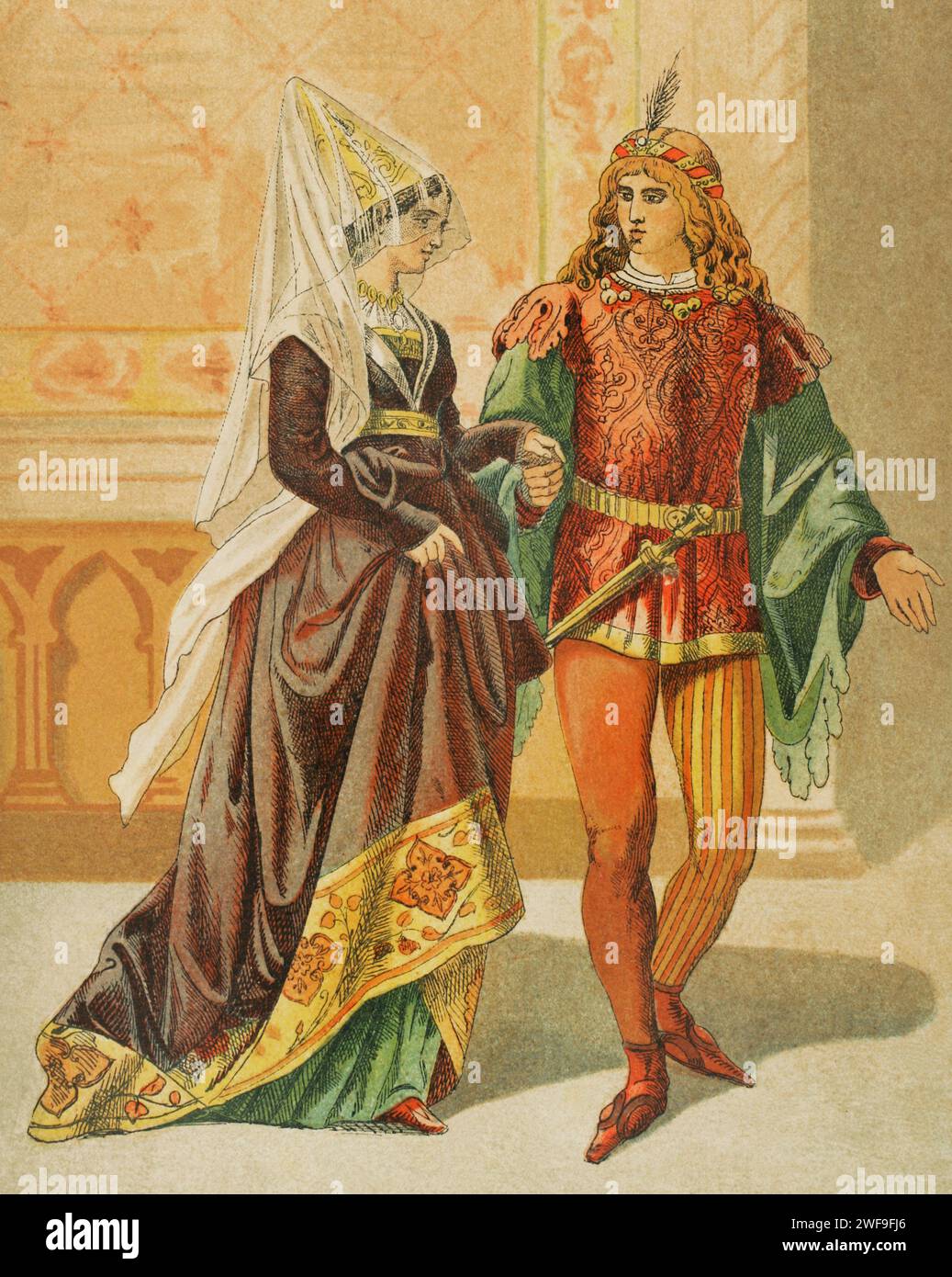 Europe. 14th century. Lady and minstrel. Chromolithography. 'Historia Universal', by César Cantú. Volume VI, 1885. Stock Photo