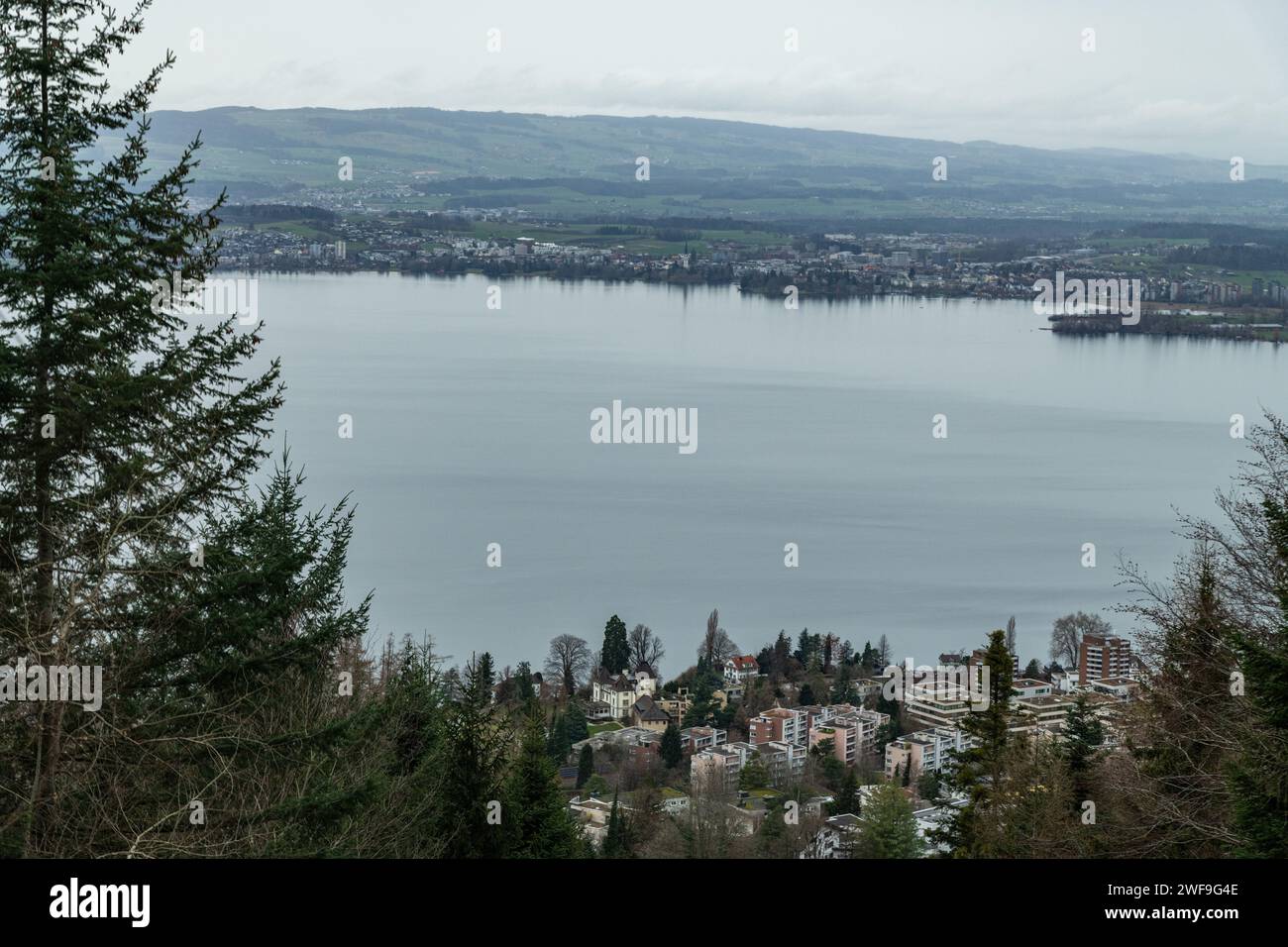A view from Zugerberg of Zugersee lake next to Zug town in Switzerland Stock Photo