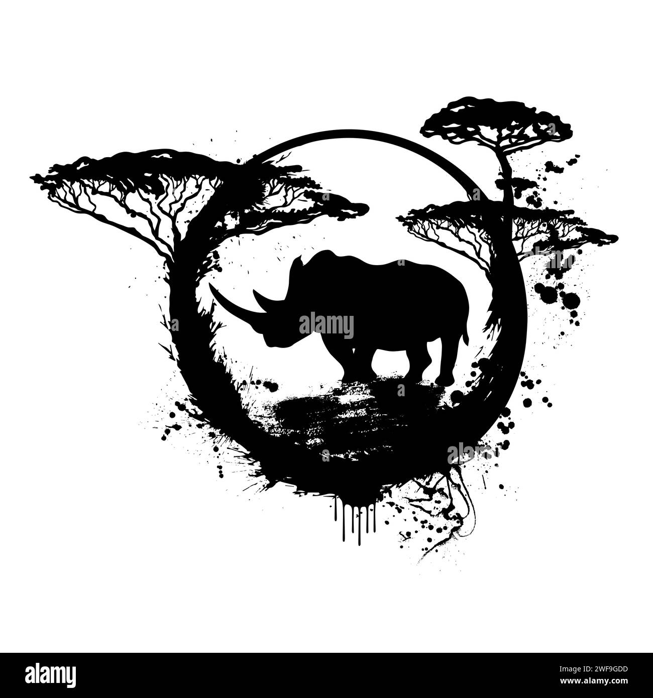 Abstract black rhinoceros in Africa. hand drawing. Not AI, Vector illustration Stock Vector