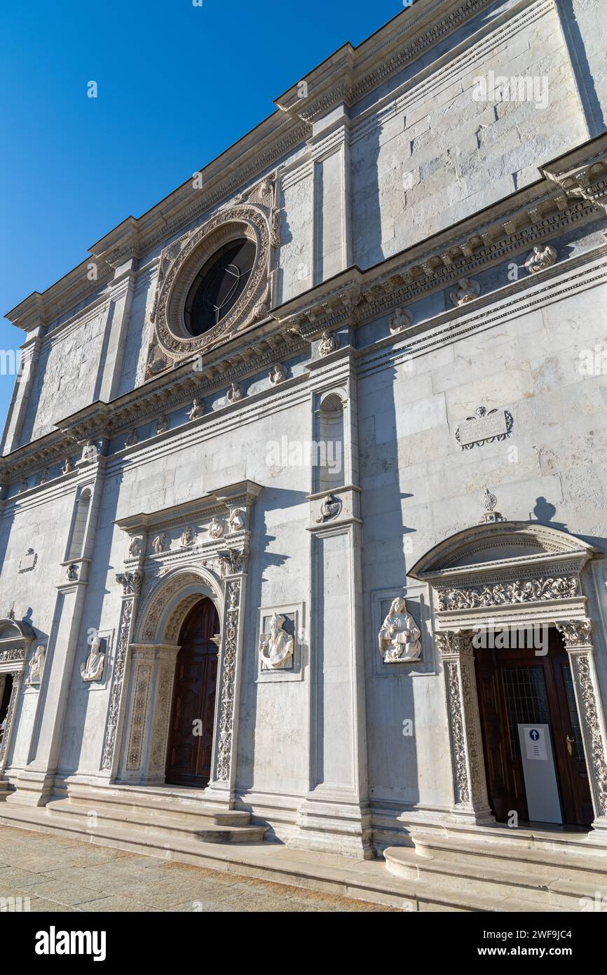 The front entrance facade exterior of Cathedral of Saint Lawrence / Cattedrale di San Lorenzo in Lugano, Switzerland Stock Photo