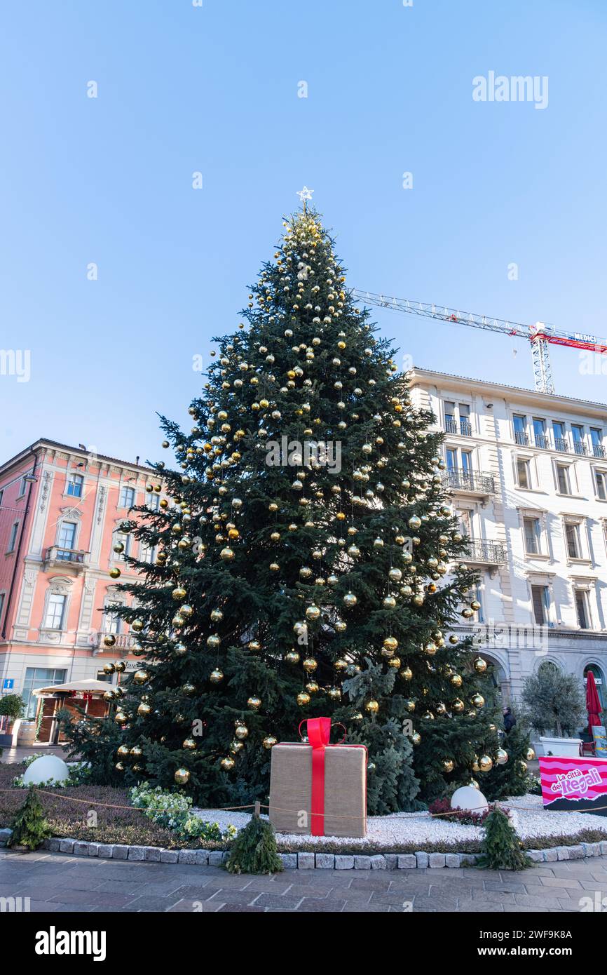 A big Christmas tree decoration display in Piazza della Riforma plaza in Lugano, Switzerland Stock Photo