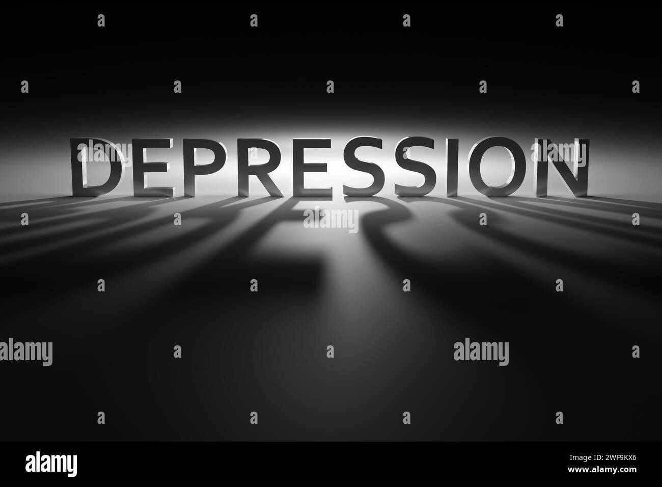 The word DEPRESSION dissipates in the contrasty dark environment. Stock Photo