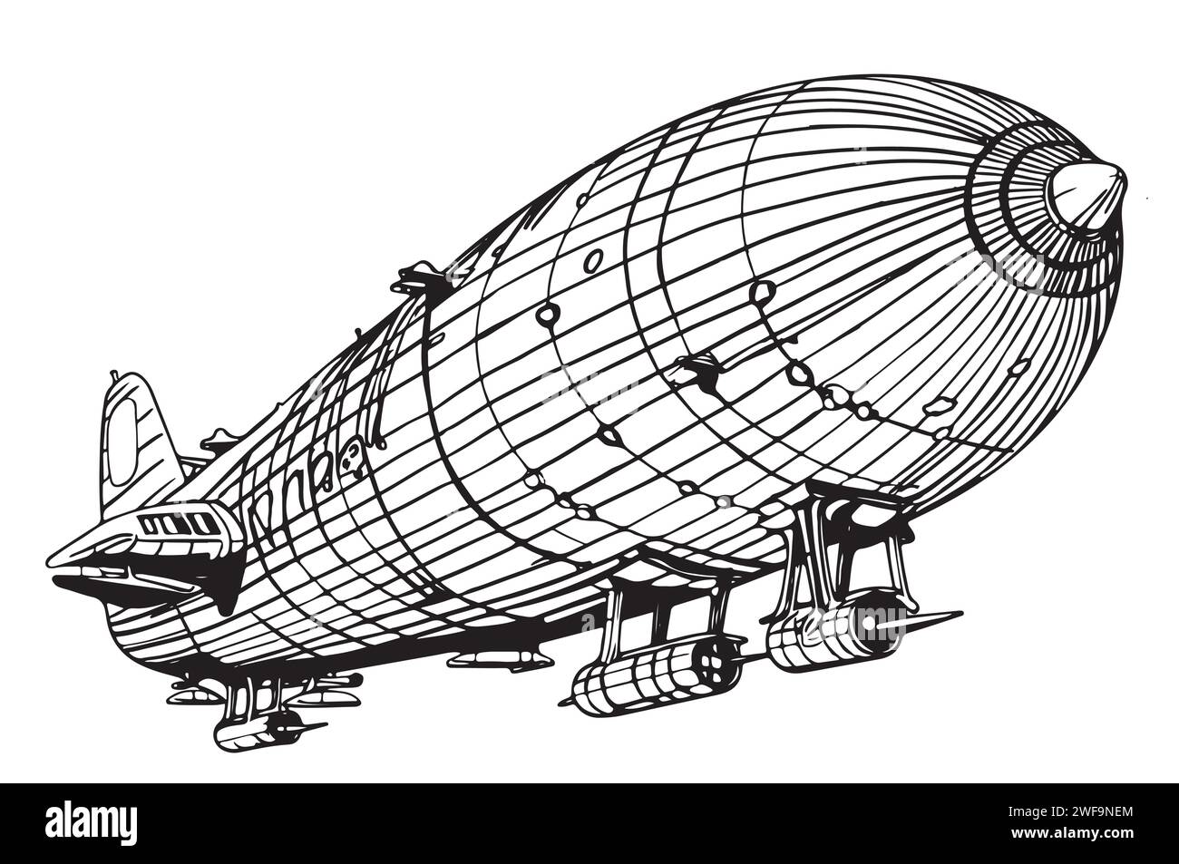 Airship or zeppelin and dirigible or blimp. Engraved hand drawn in old