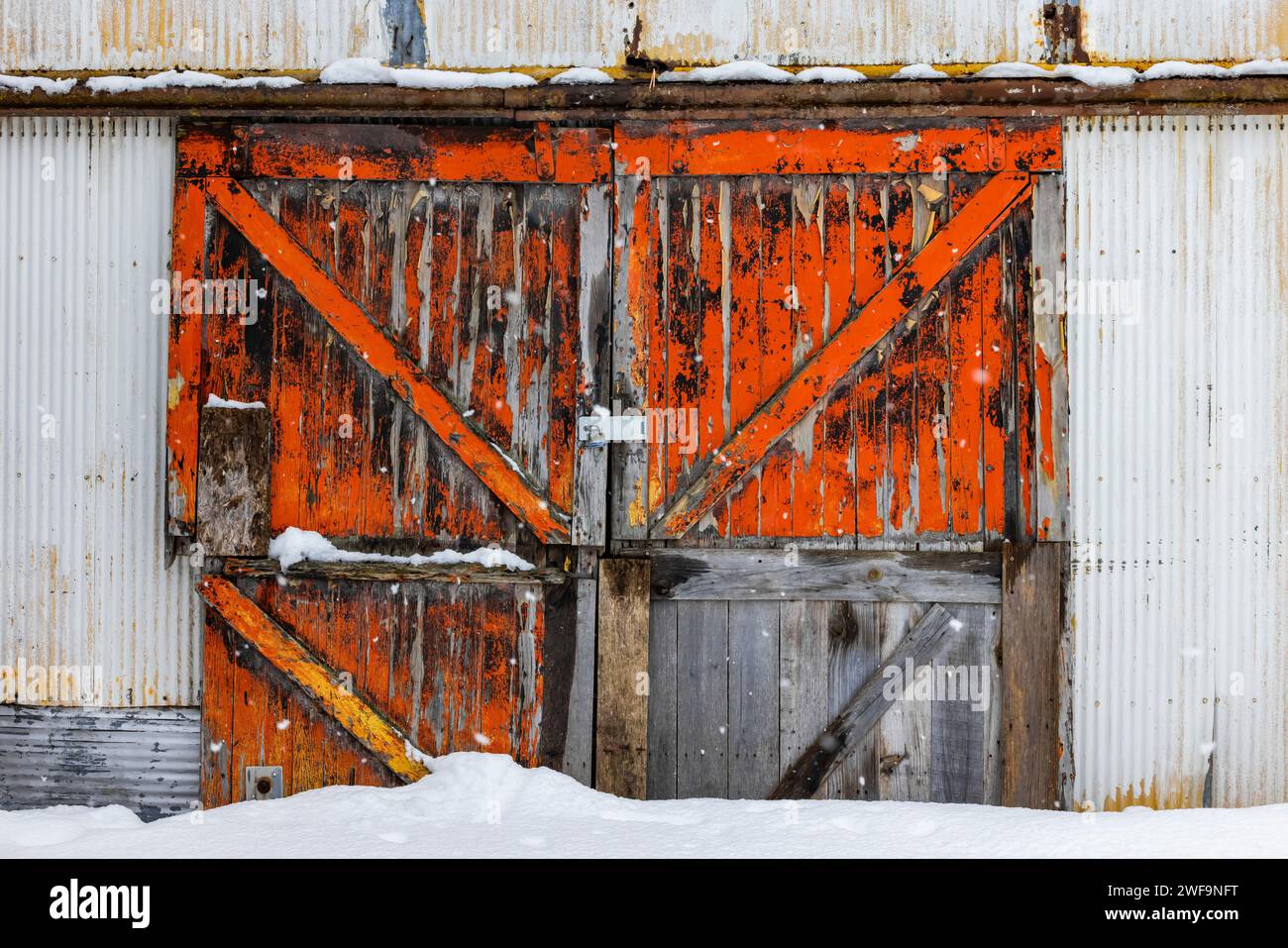 Colorful door on an old grain elevator along the White Pine Trail State Park in Mecosta County, Michigan, USA [No property release; editorial licensin Stock Photo