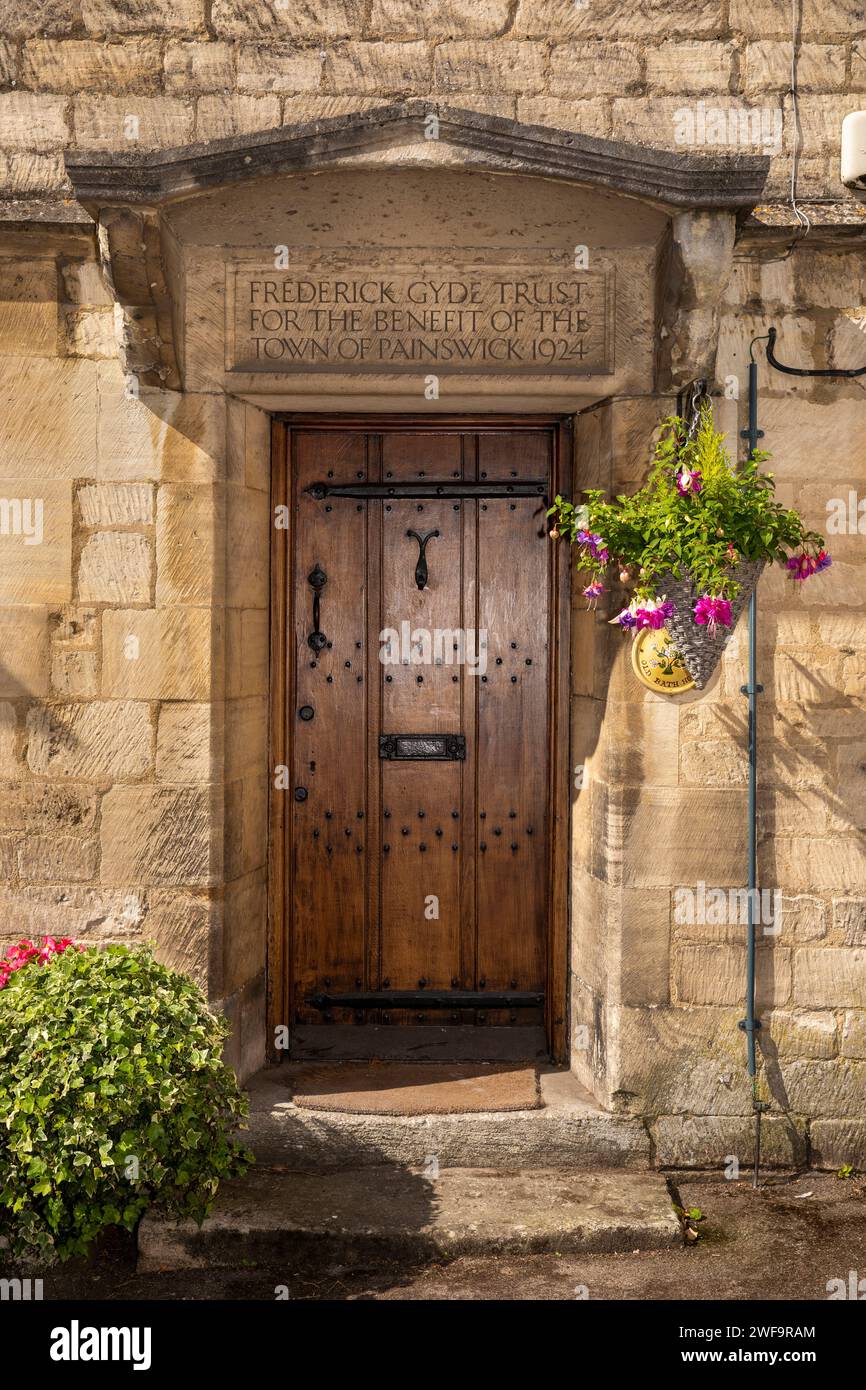 UK, England, Gloucestershire, Painswick, The Cross, door of Old Bath House, restored for Francis Gyde trust Stock Photo