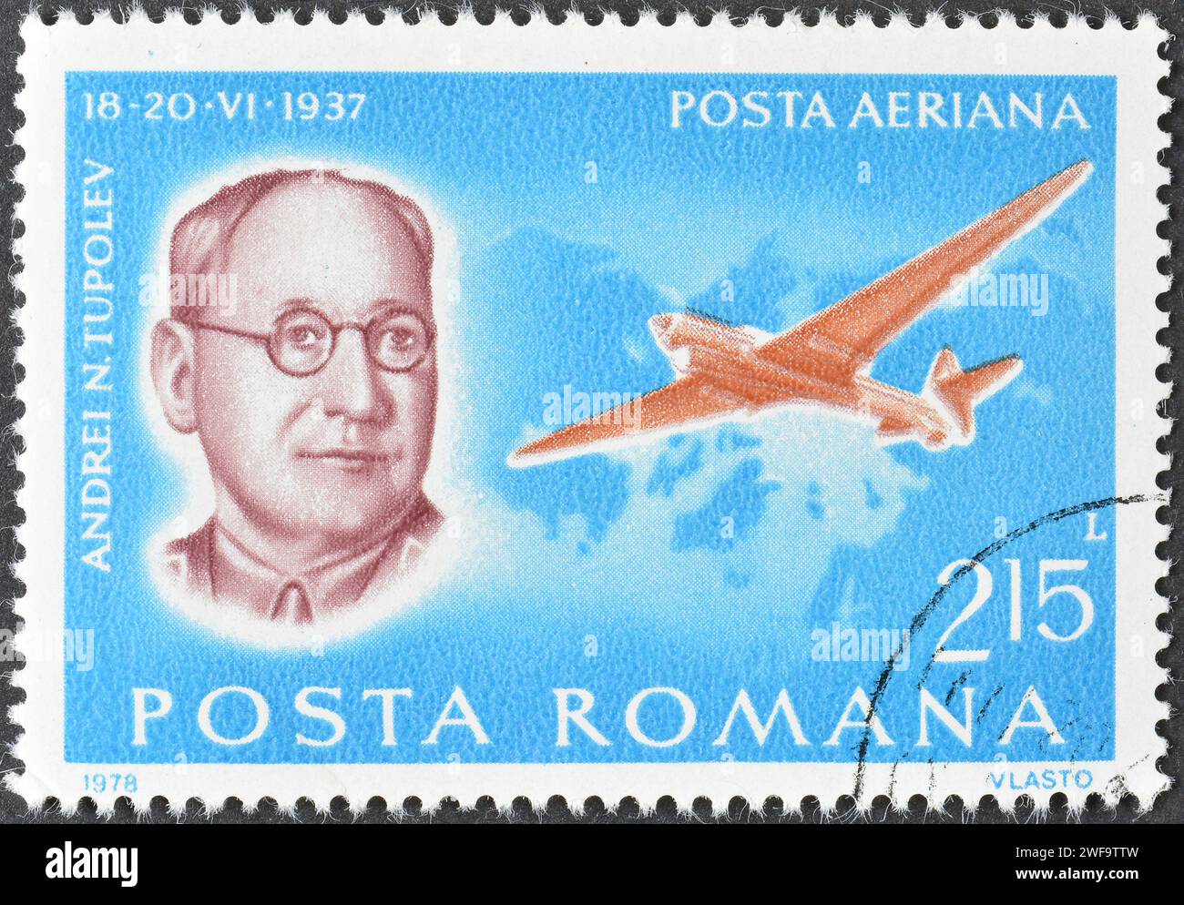 Cancelled postage stamp printed by Romania, that shows Andrei N. Tupolev (1937), Pioneers of Aviation, circa 1978. Stock Photo