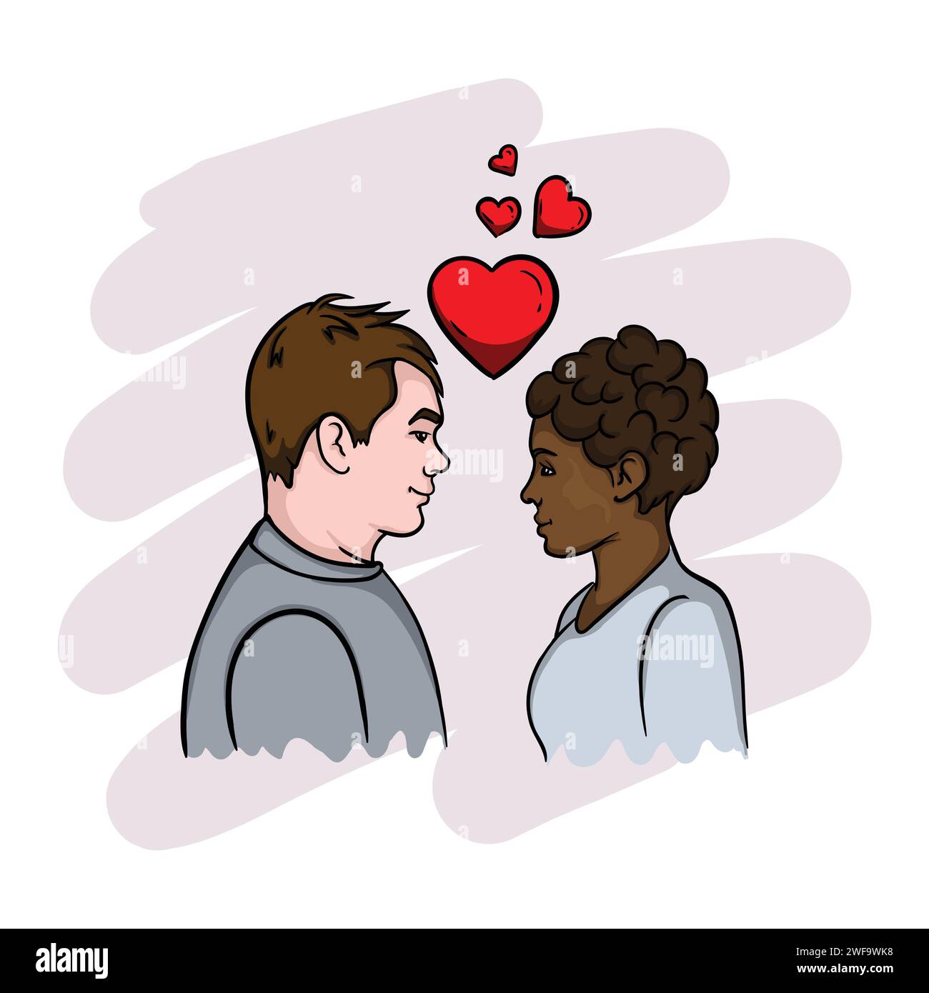 A white guy and a black girl in love want to kiss Stock Vector