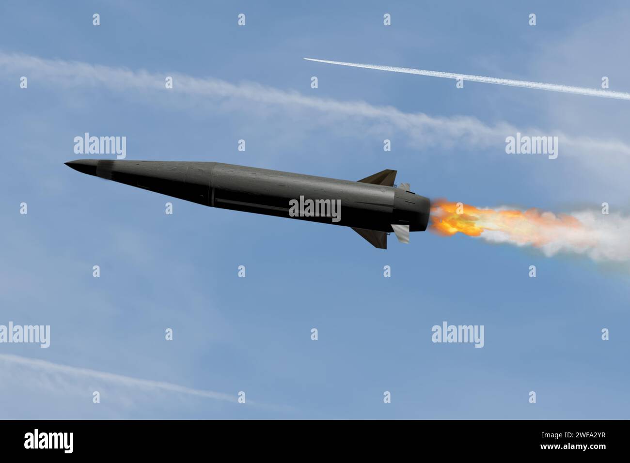 A supersonic Russian Dagger missile in flight against a blue sky. Concept: missile attack. Stock Photo