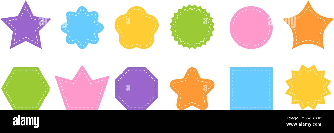 Set of different basic geometric shapes with dotted stitches. Colorful empty tags, patches, stickers, text boxes, price labels, promo code badges isolated on white background. Vector flat illustration Stock Vector