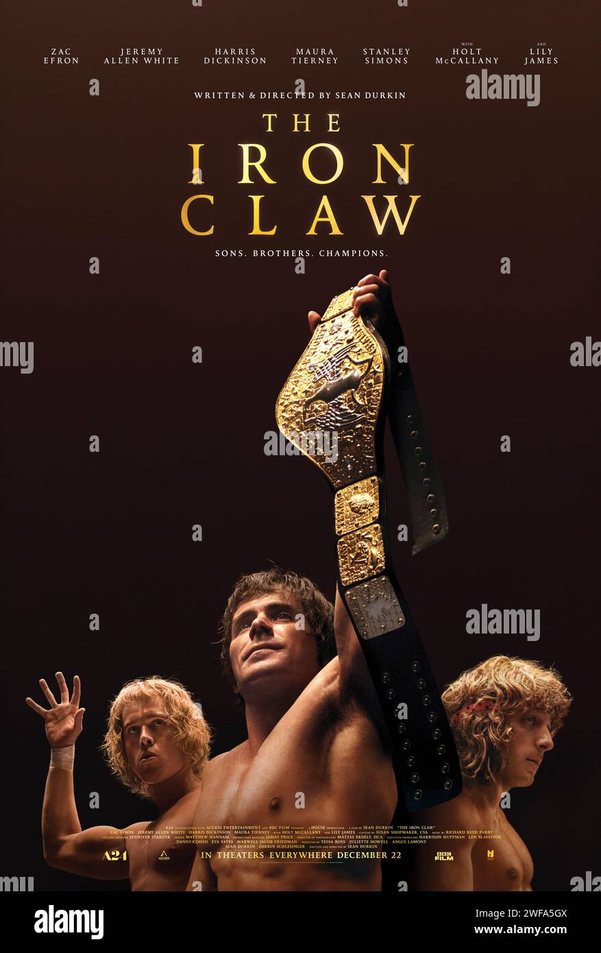 The Iron Claw (2023) directed by Sean Durkin and starring Zac Efron, Jeremy Allen White and Harris Dickinson. The true story of the inseparable Von Erich brothers, who made history in the intensely competitive world of professional wrestling in the early 1980s. US one sheet poster ***EDITORIAL USE ONLY***. Credit: BFA / A24 Stock Photo