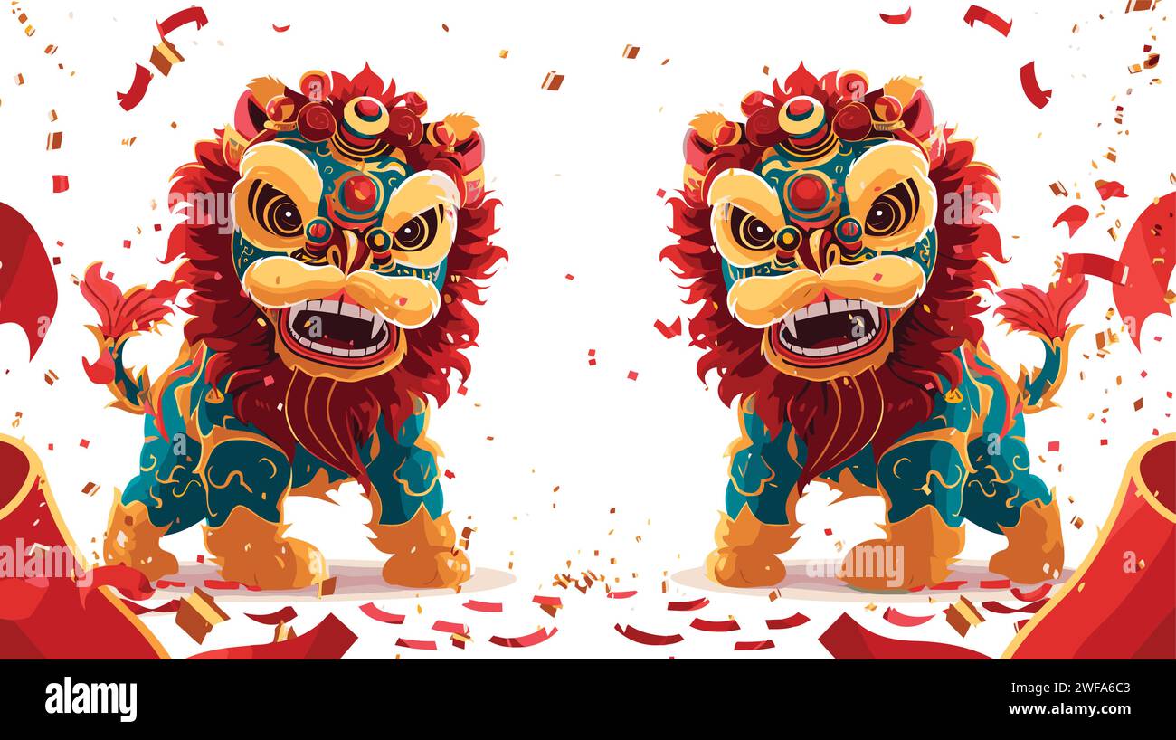 Chinese lions dancing celebration show white background Stock Vector ...