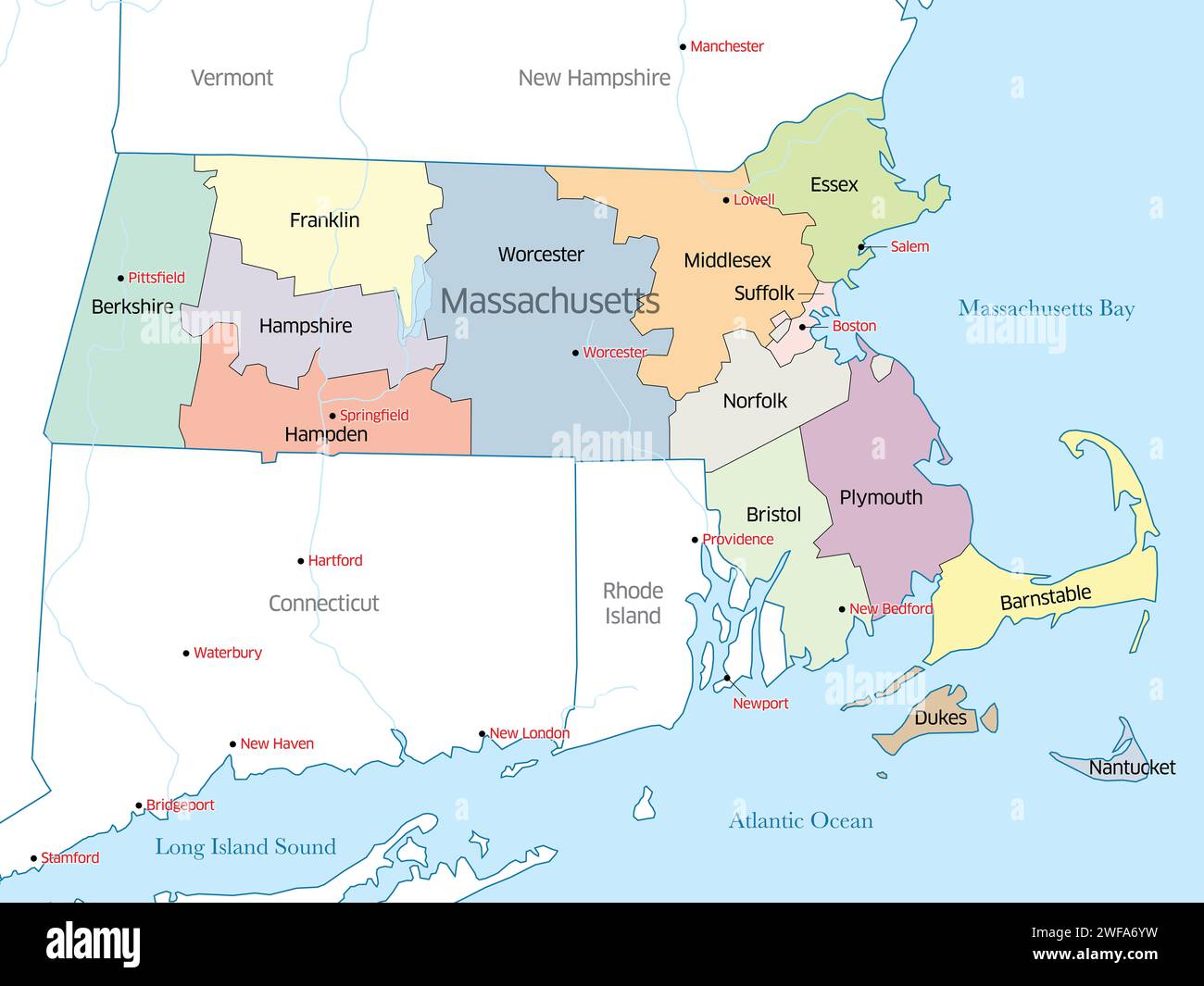 Political map of the counties making up the state of Massachusetts Stock Photo
