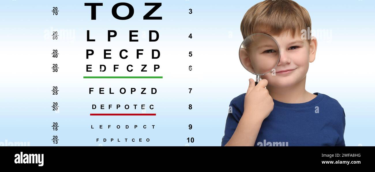 Vision test. Little boy with magnifying glass and eye chart on gradient ...