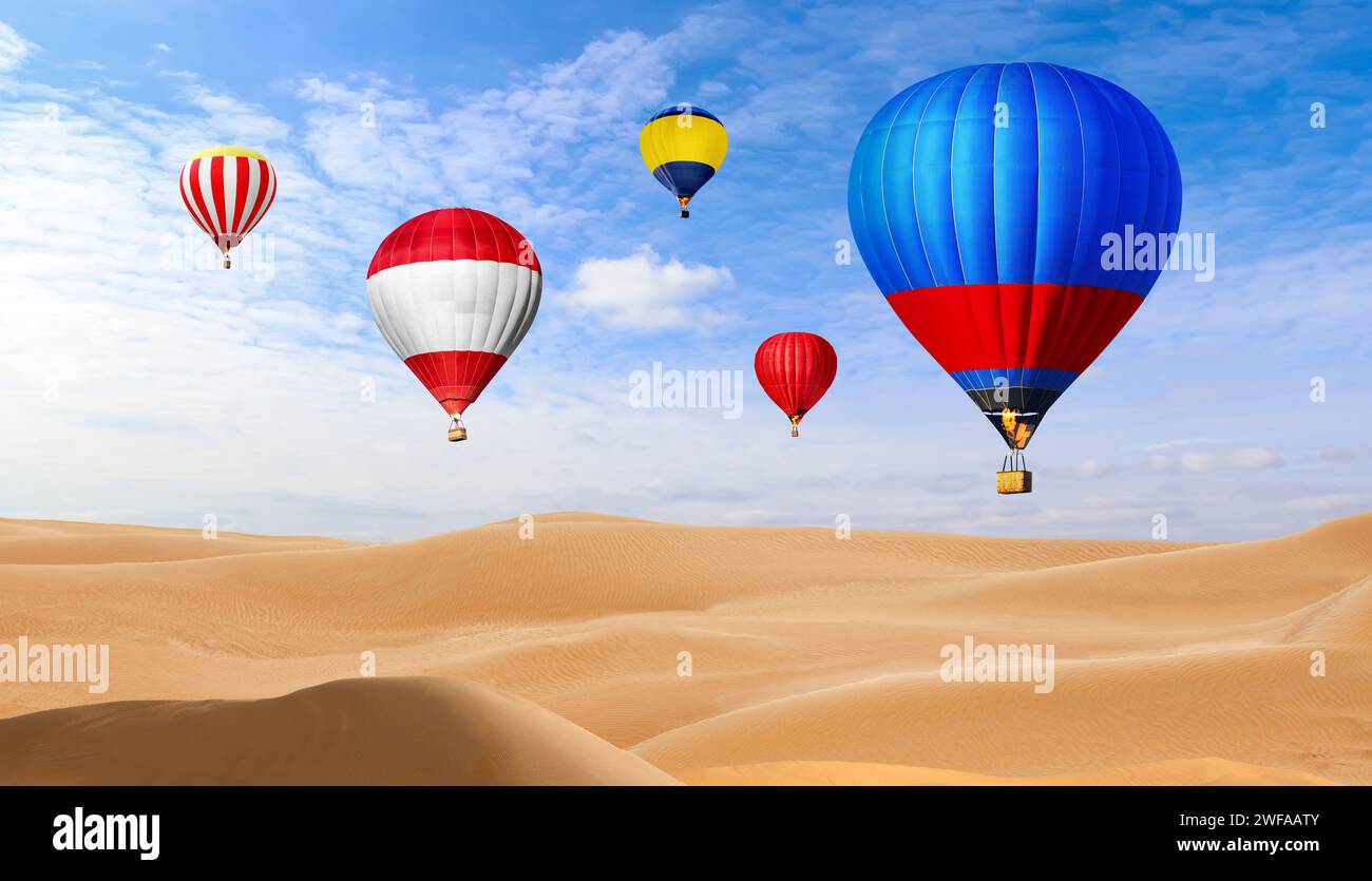 Hot air balloons in sky over desert. Banner design Stock Photo