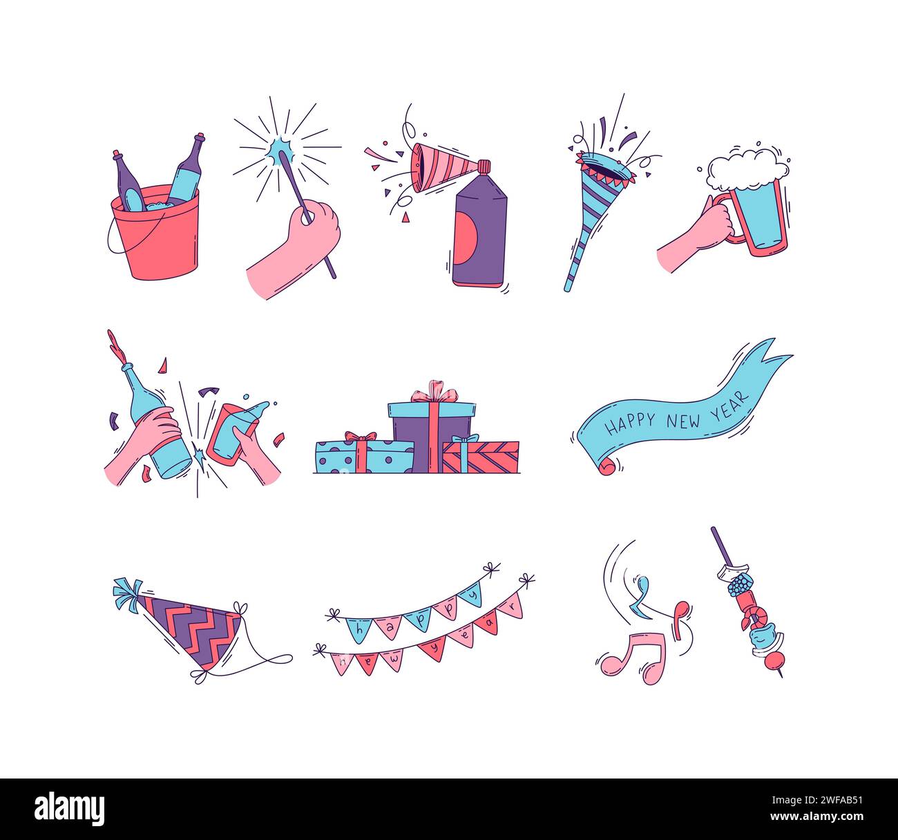 Happy new year party celebration doodle vector set illustration Stock Vector