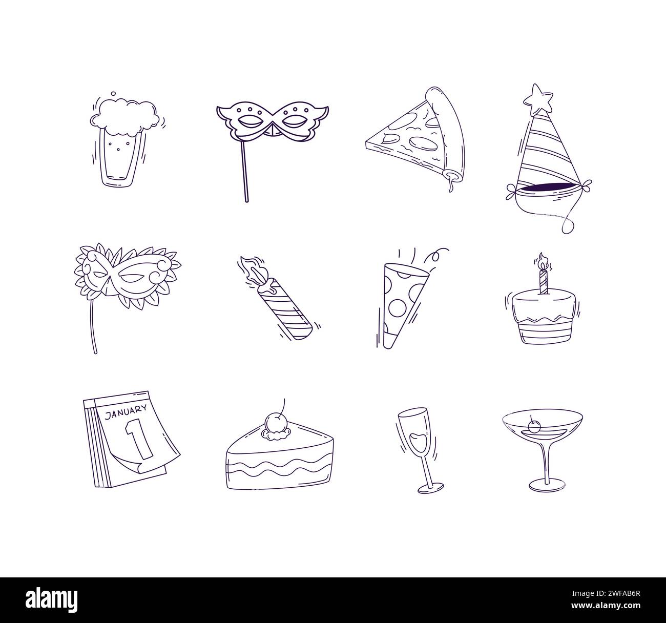 Happy new year party celebration doodle line art vector set illustration Stock Vector