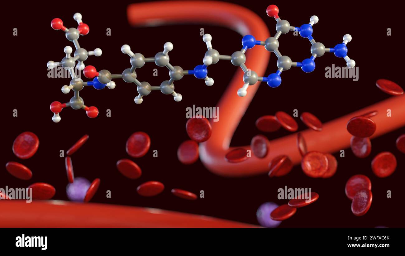 3d rendering of folic acid molecule, also known as vitamin B9, helps