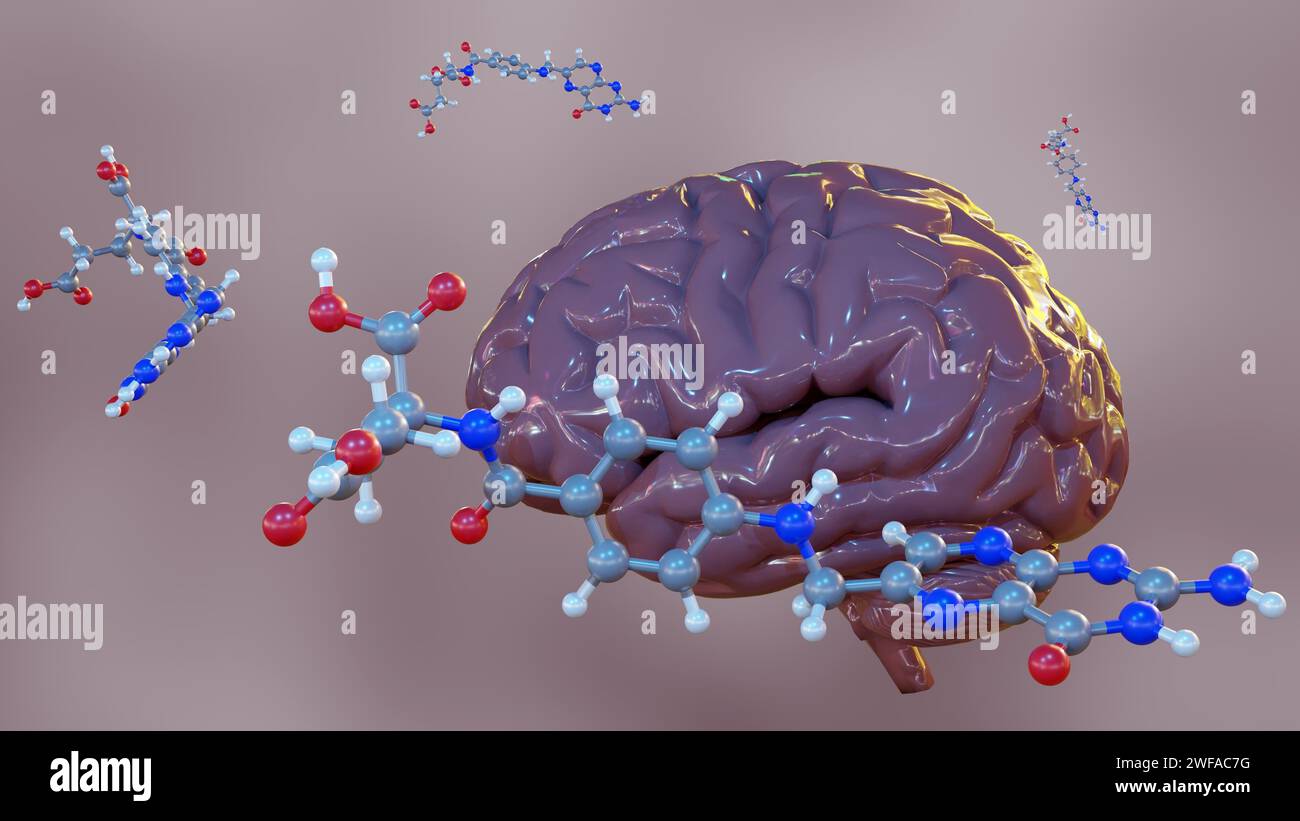 3d rendering of folic acid molecules, also known as vitamin B9, is