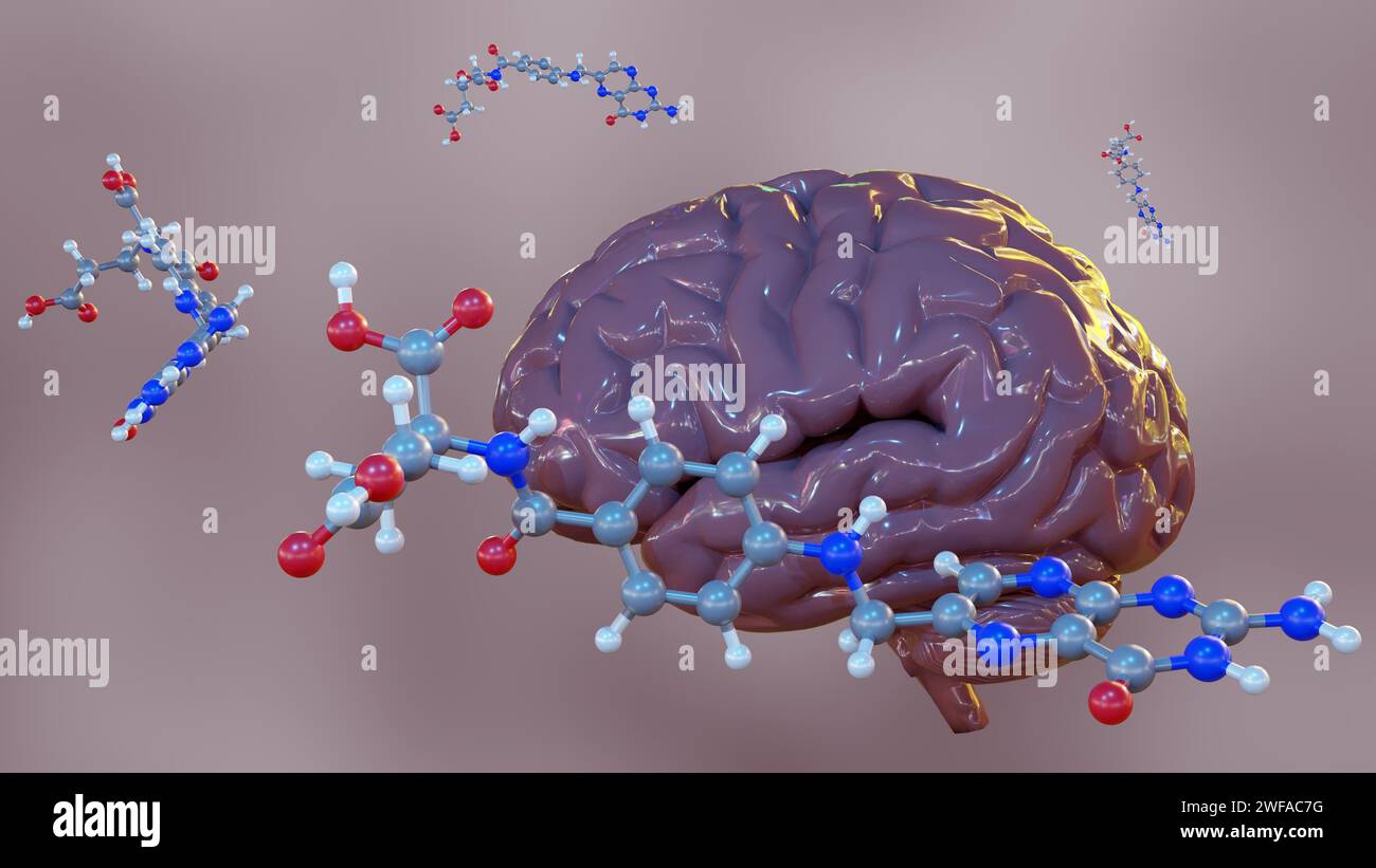 3d rendering of folic acid molecules, also known as vitamin B9, is essential for proper brain function and mental and emotional health. Stock Photo