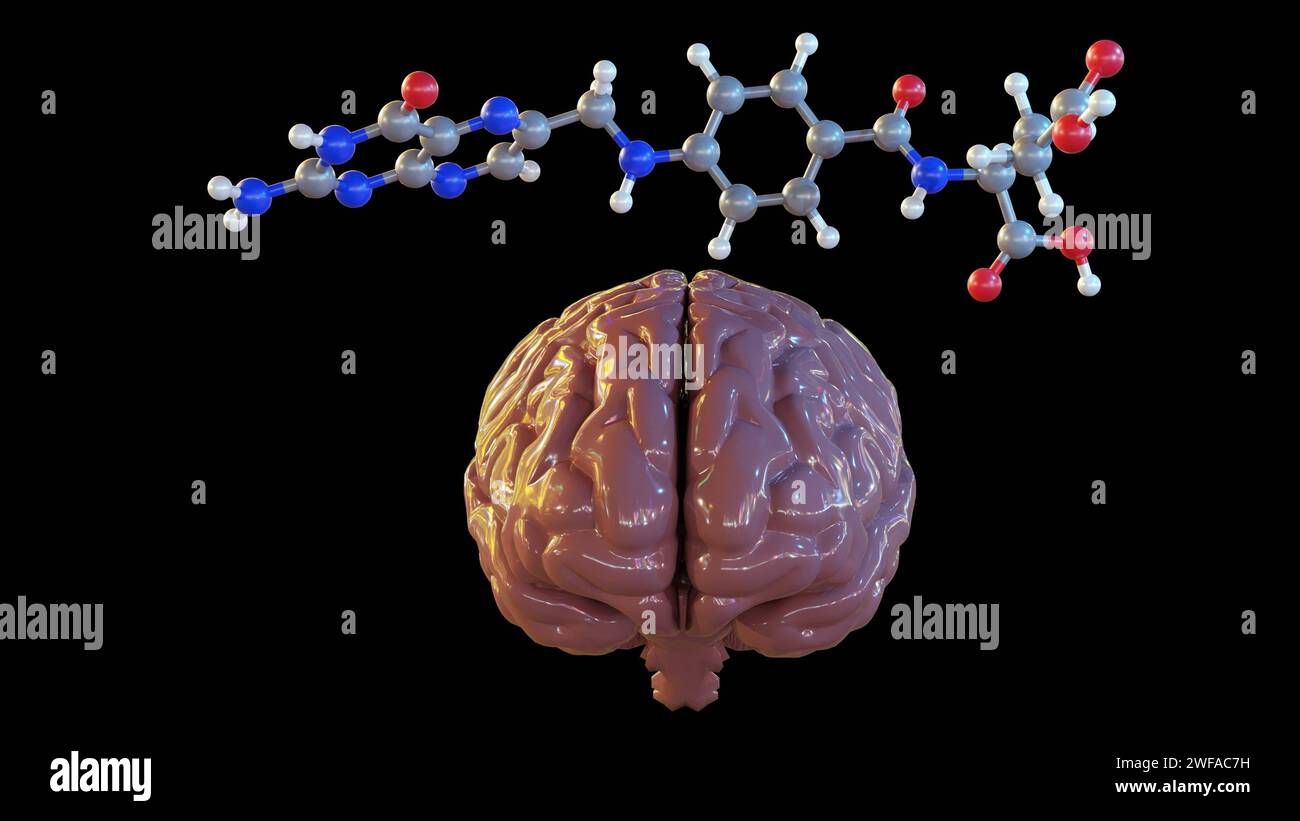 3d rendering of folic acid molecules, also known as vitamin B9, is essential for proper brain function and mental and emotional health. Stock Photo