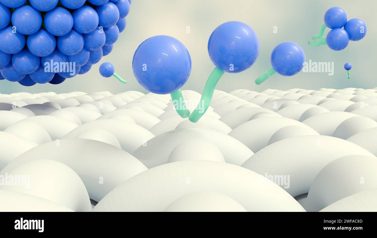 3d rendering of the soap molecules form structures called micelles. it