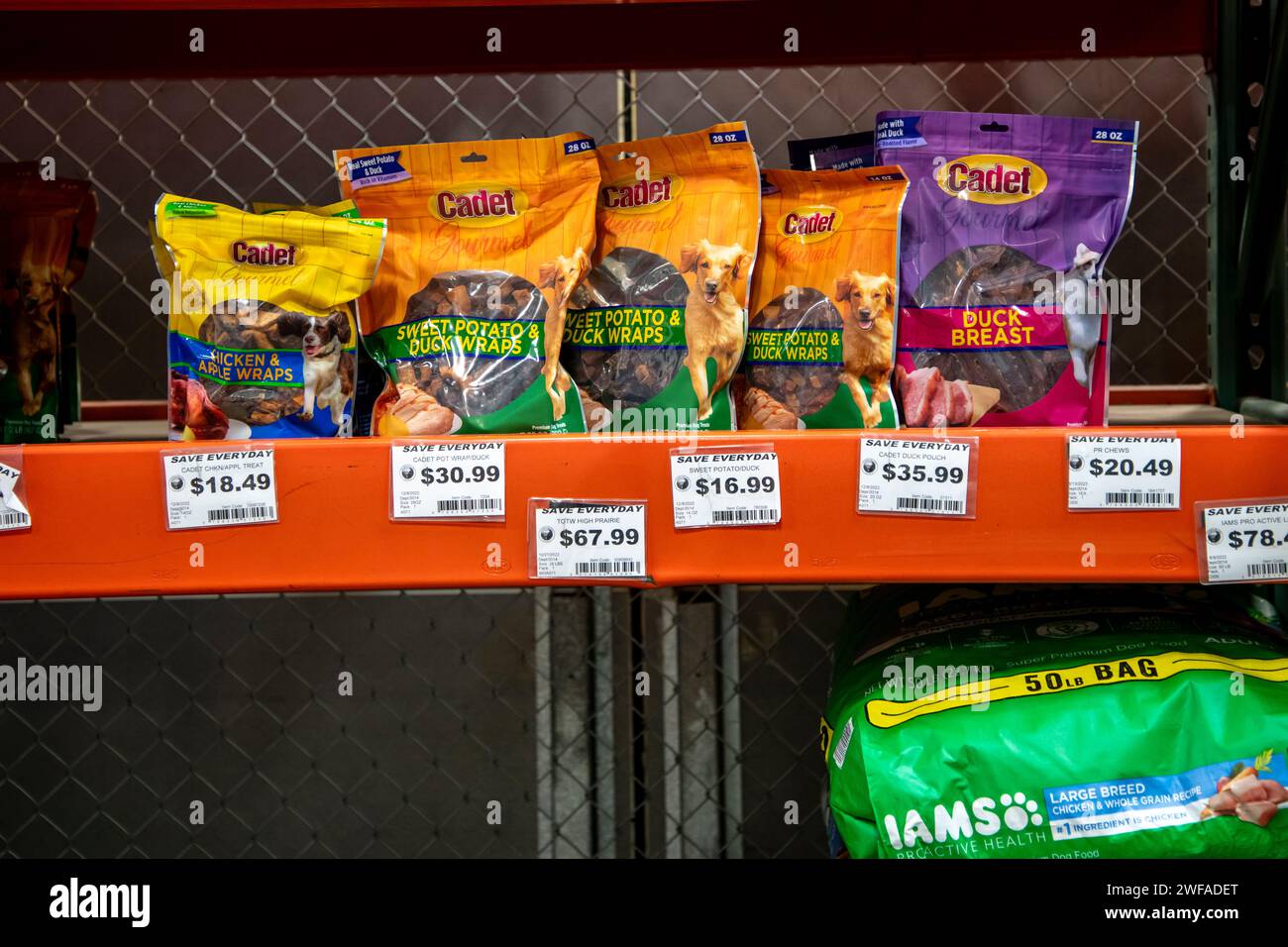 Palmer, Alaska. Dog food with prices on the shelf in a supermarket. Stock Photo