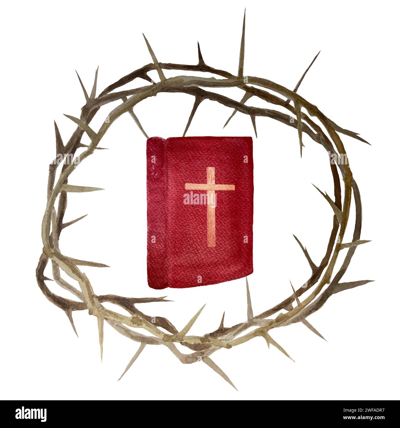 Watercolor crown of thorns and Bible for Easter, holy Thursday