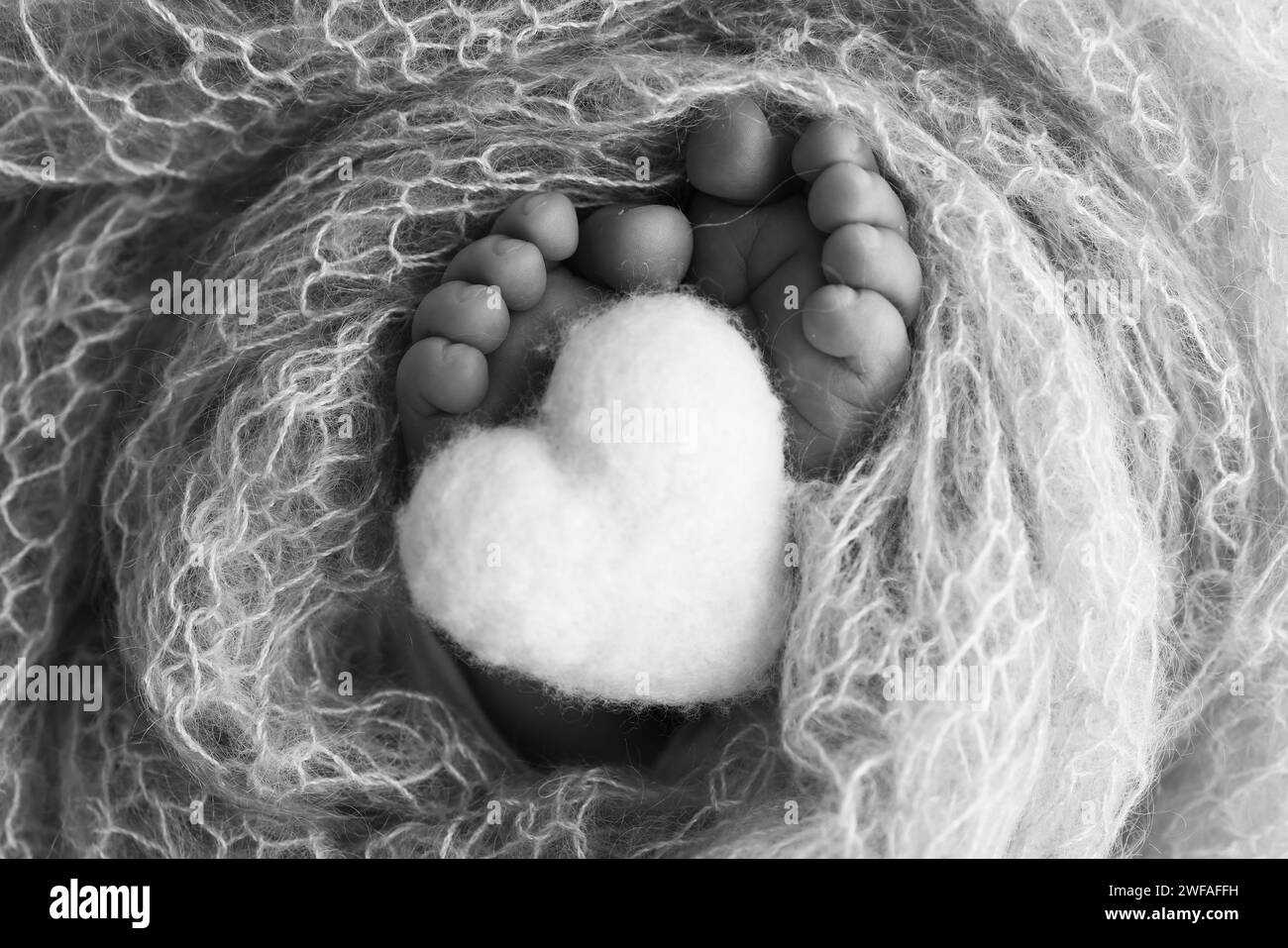 The tiny foot of a newborn baby. Soft feet of a new born in a wool